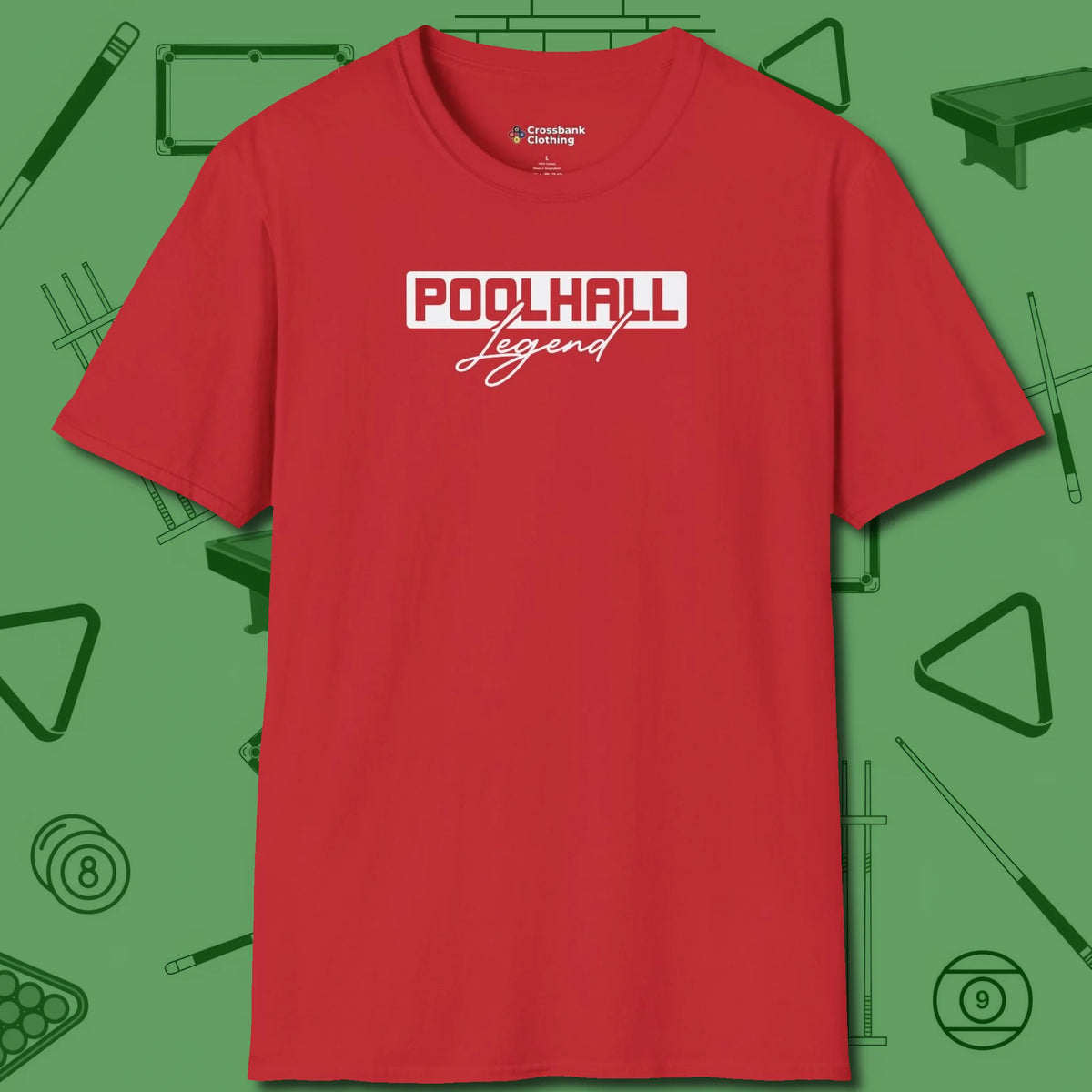 Hall Legend T-Shirt, front view, in Red classic cue style, no gimmicks