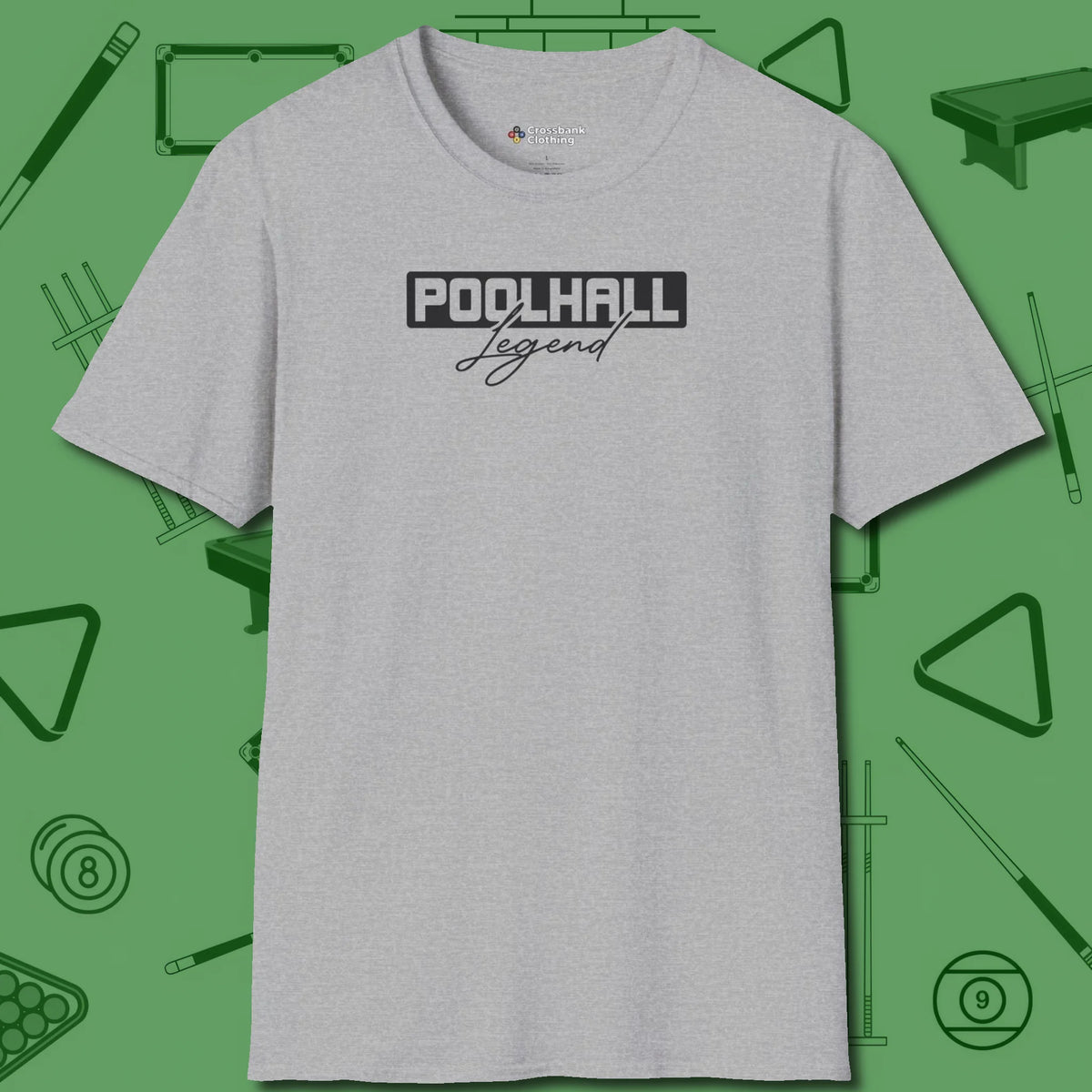 Hall Legend T-Shirt, front view, in Sport Grey cue up respect every time you wear it