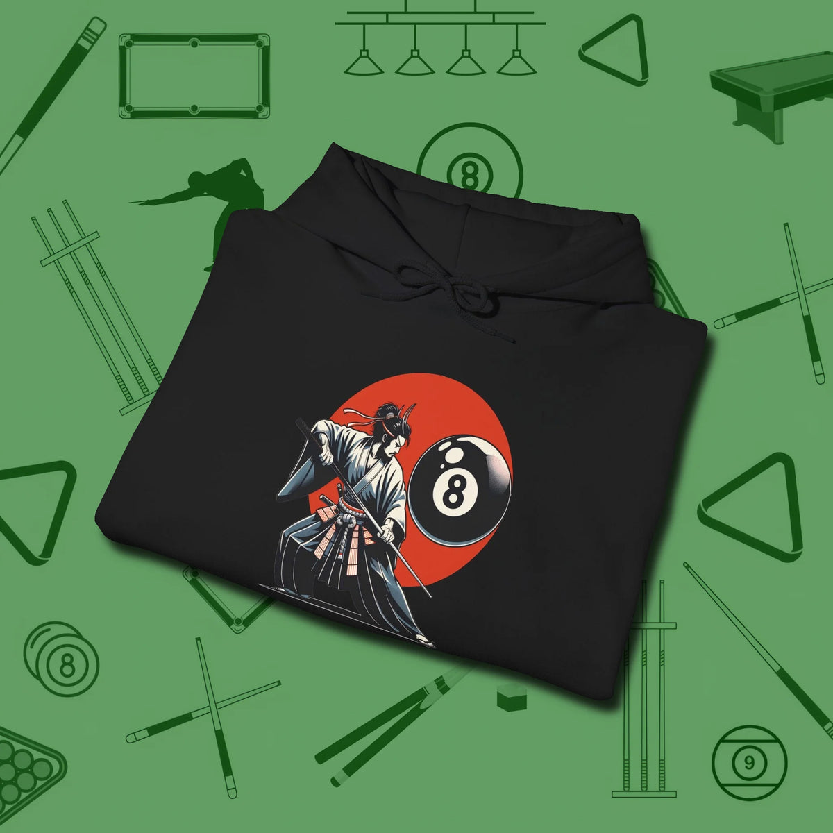 Hall Samurai Hoodie, folded view, in Black cool under pressure, hot on the eyes