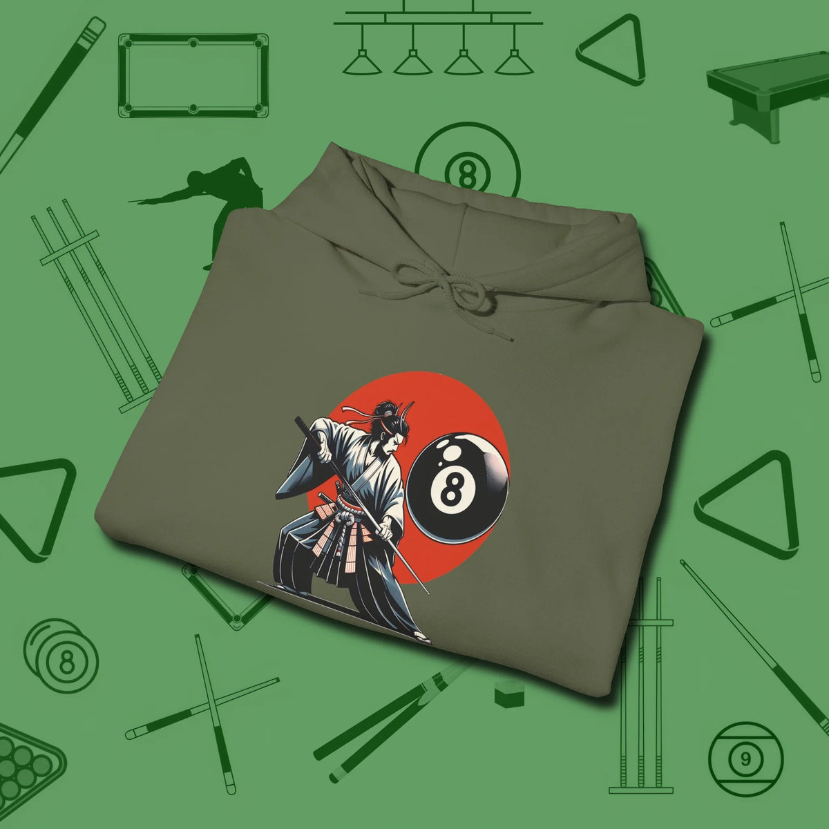 Hall Samurai Hoodie, folded view, in Military Green because the table is your battlefield