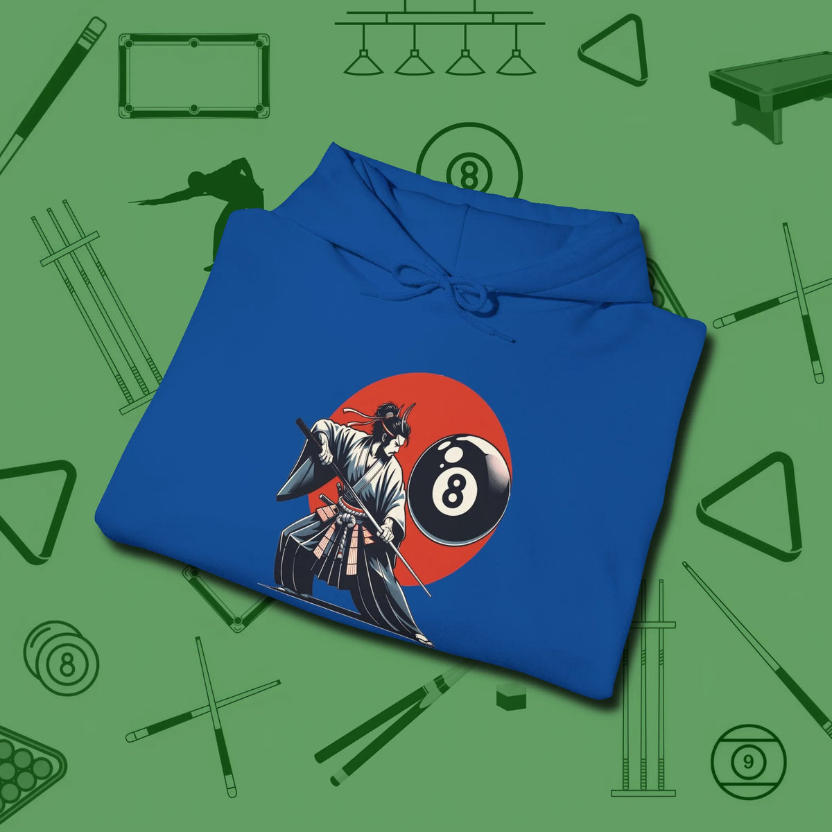 Hall Samurai Hoodie, folded view, in Royal stitched for cue discipline and cool confidence