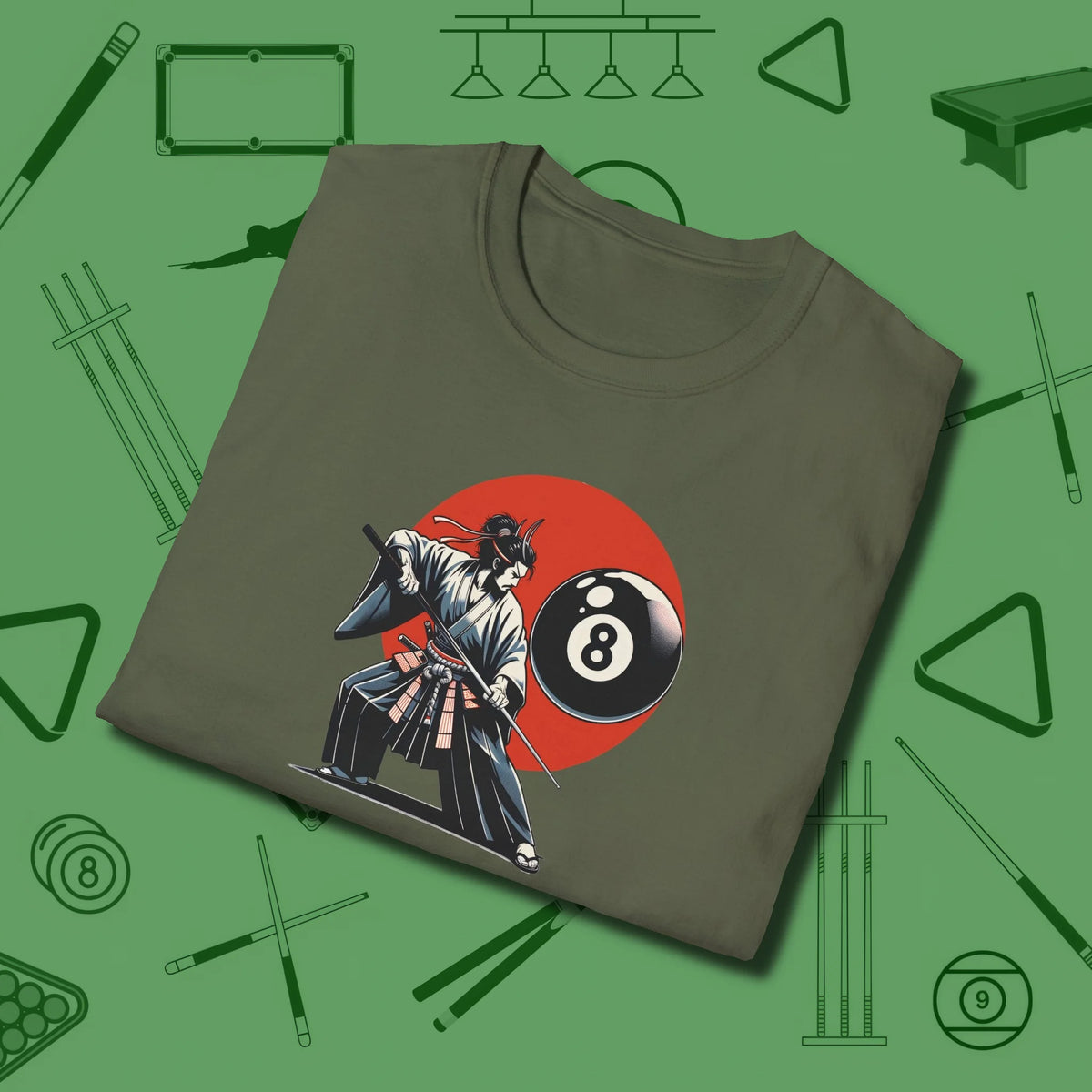 Hall Samurai T-Shirt, folded view, in Military Green attitude built for the long haul