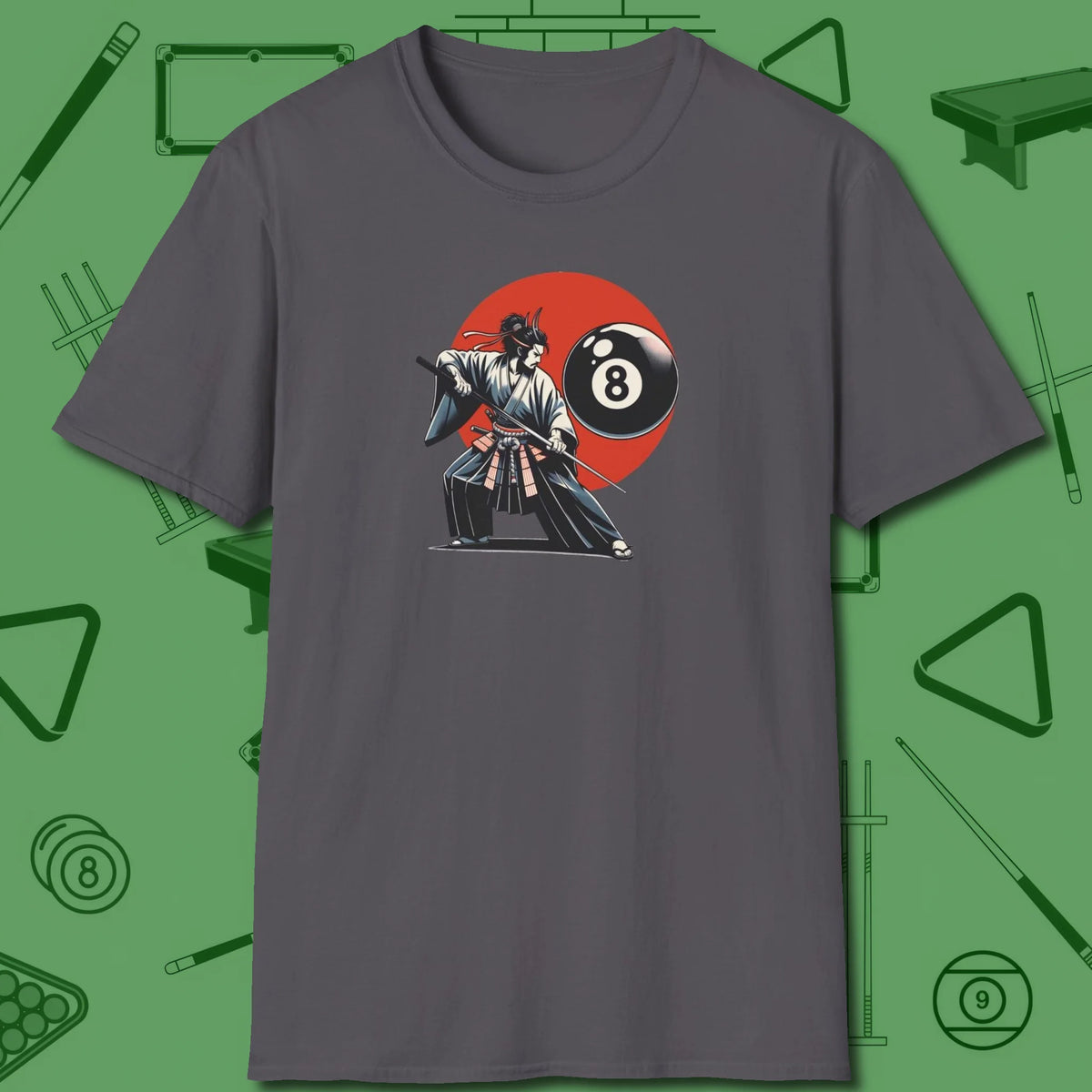 Hall Samurai T-Shirt, front view, in Charcoal dress for the shot you want to take