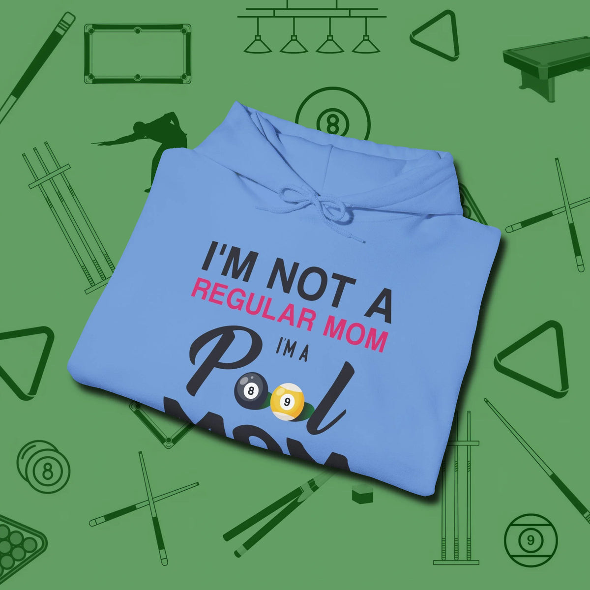 Mom Hoodie, folded view, in Carolina Blue for shooters who dress like they play: sharp