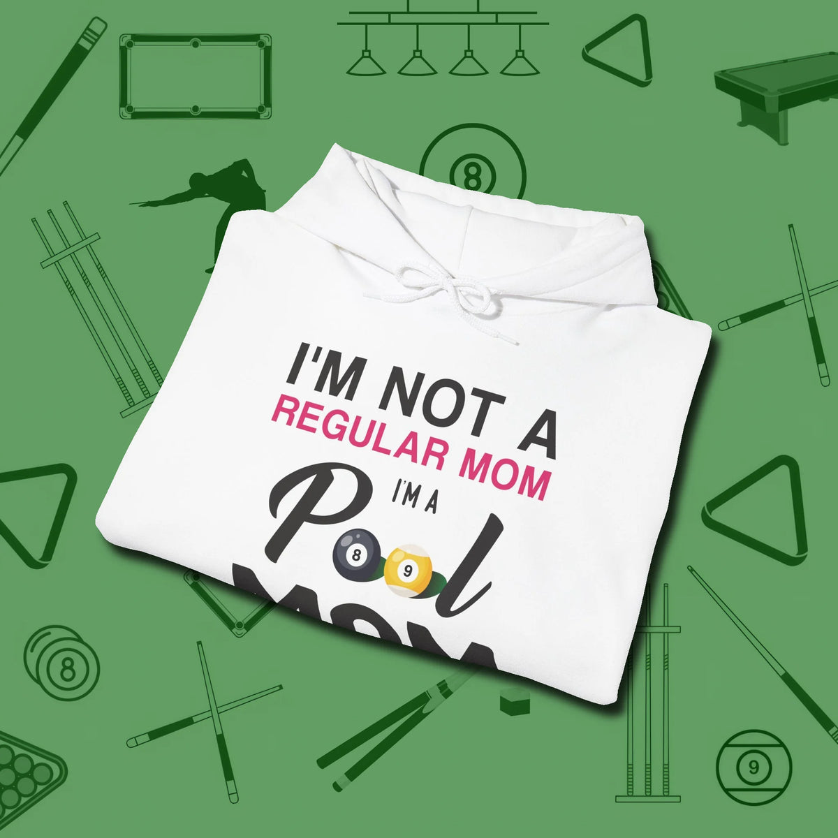 Mom Hoodie, folded view, in White not your average 8-ball graphic tee
