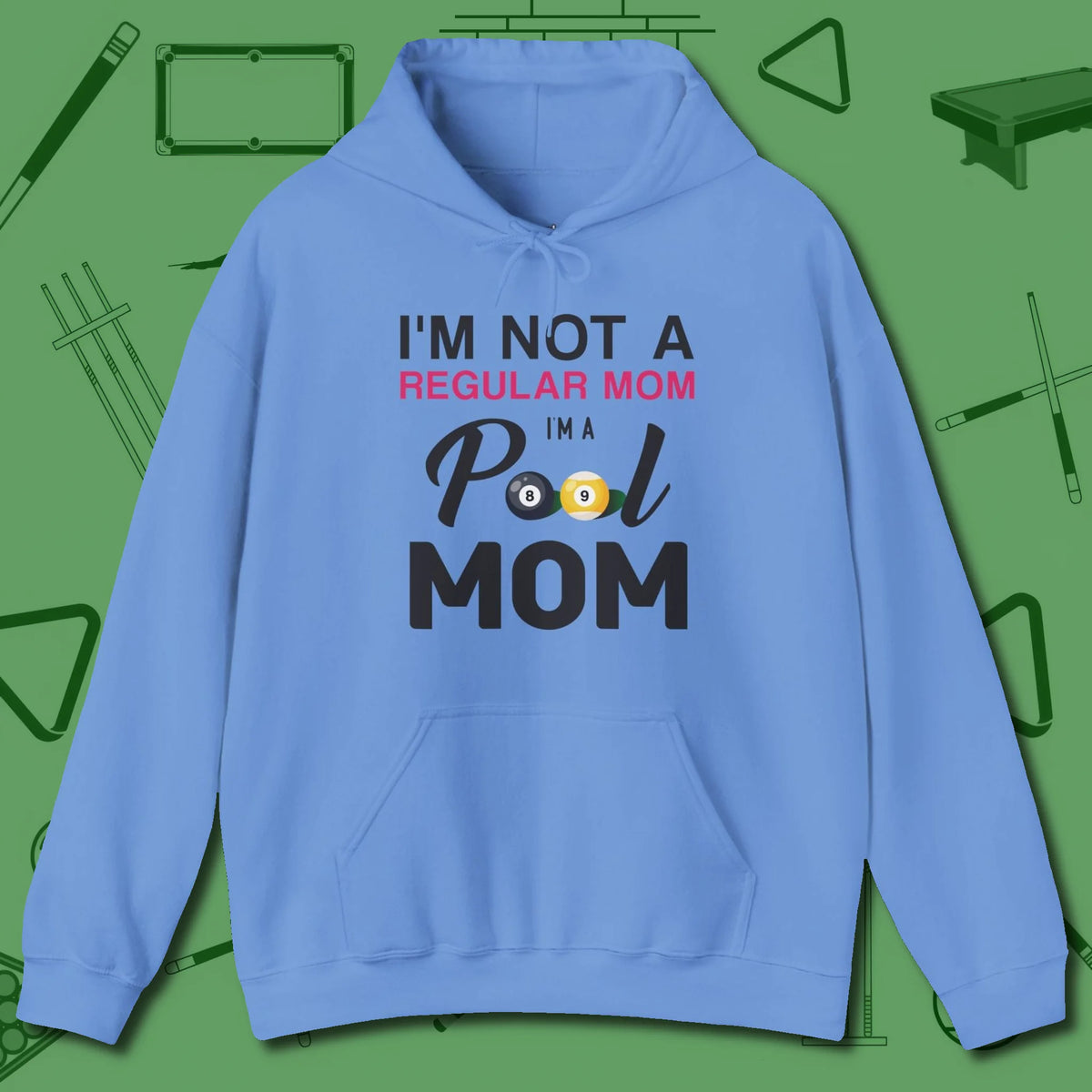 Mom Hoodie, front view, in Carolina Blue fashion with break-and-run energy