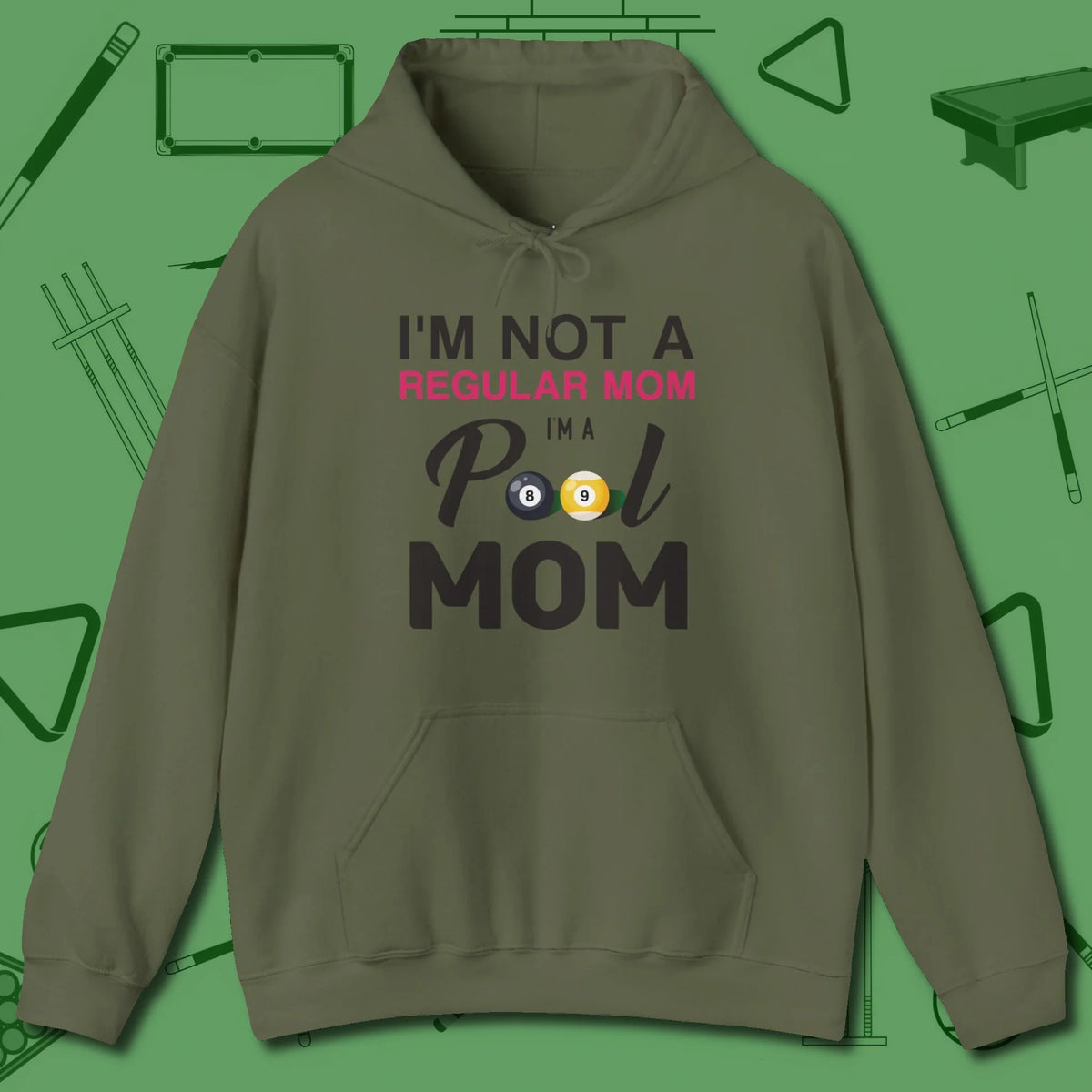 Mom Hoodie, front view, in Military Green strike fear with swagger and precision