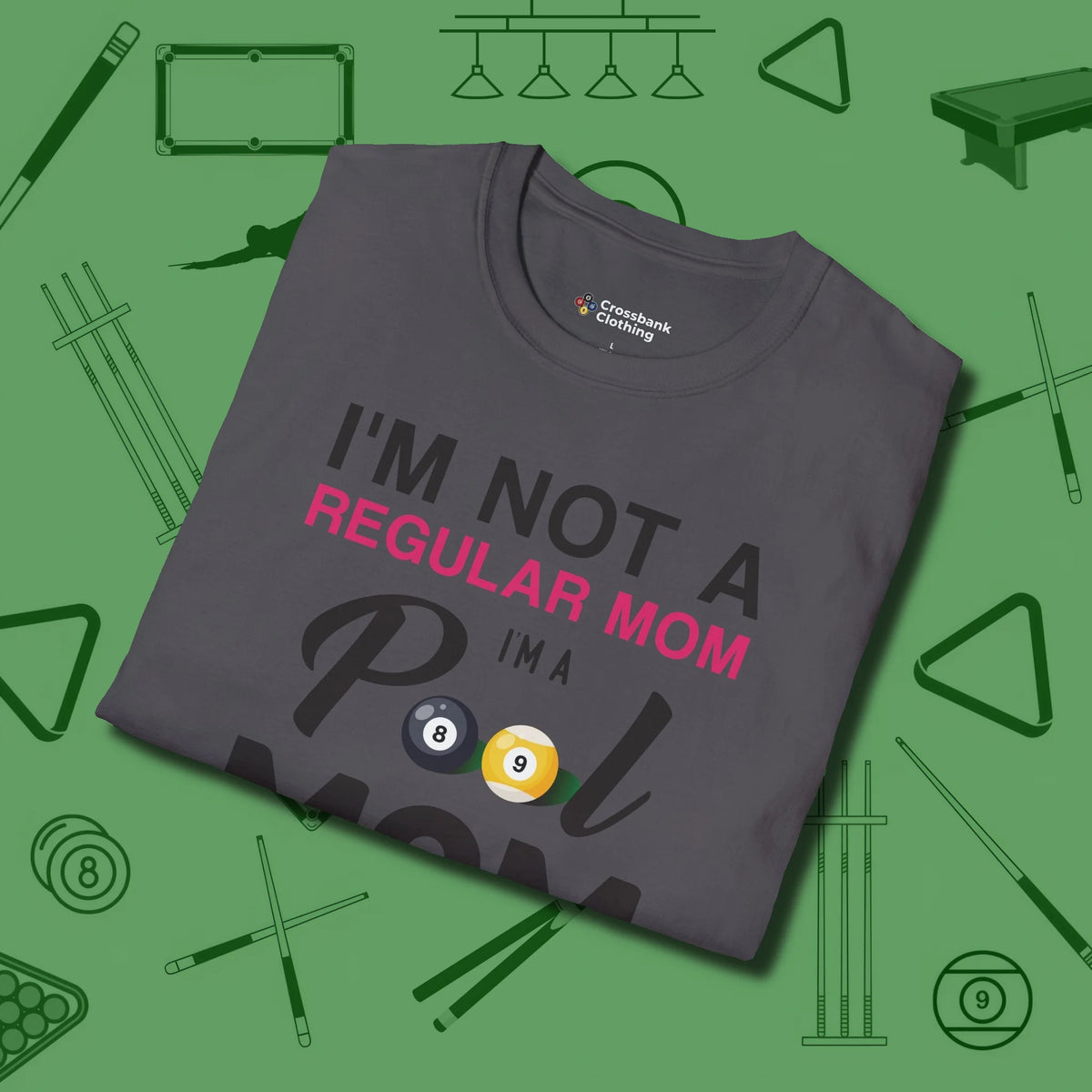 Mom T-Shirt, folded view, in Charcoal your go-to shirt for league night victories