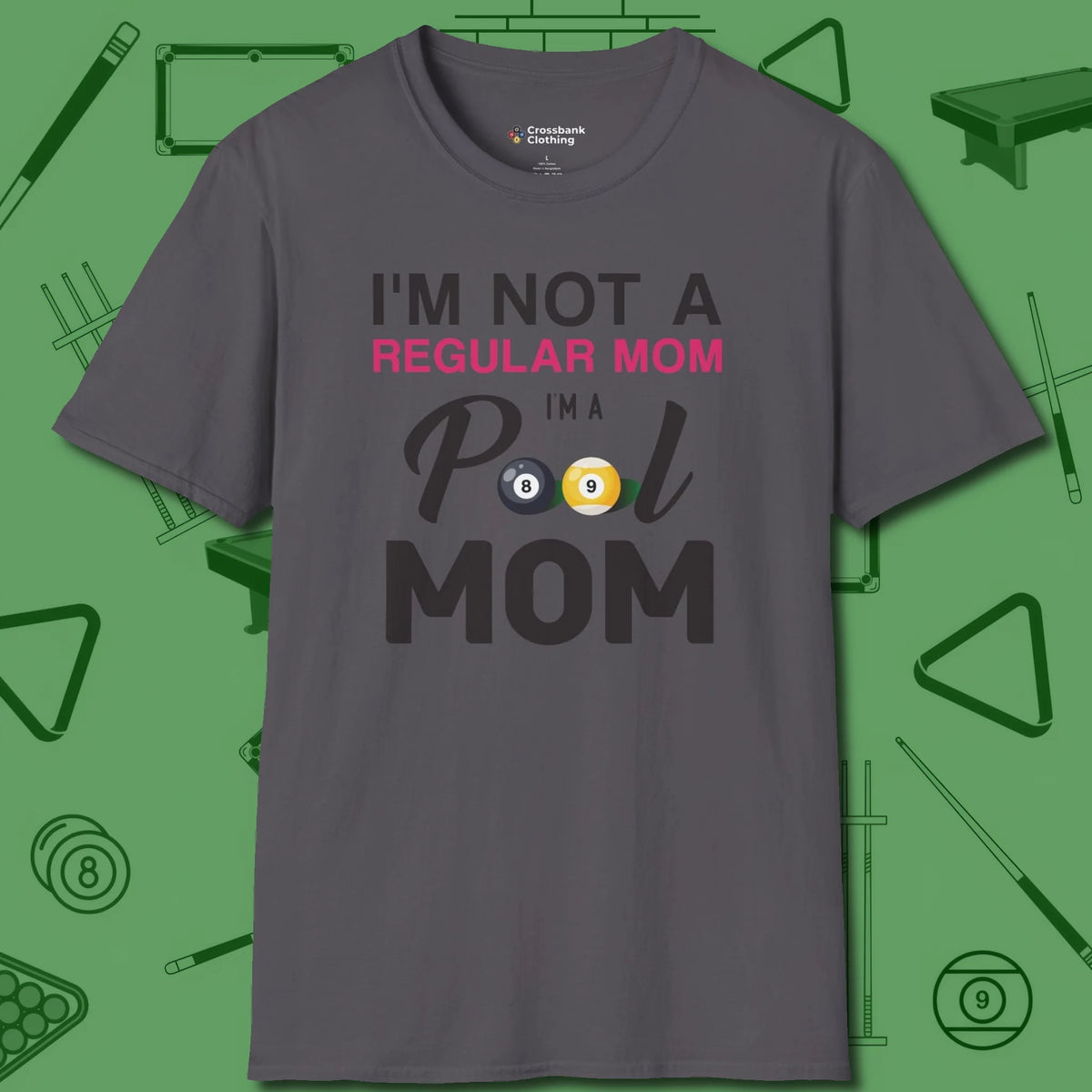 Mom T-Shirt, front view, in Charcoal designed for dead stroke and deadpan looks