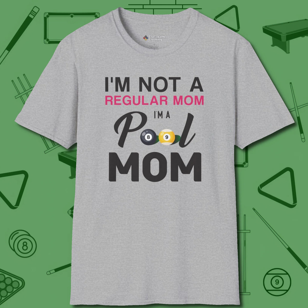 Mom T-Shirt, front view, in Sport Grey cool enough for a corner pocket finish