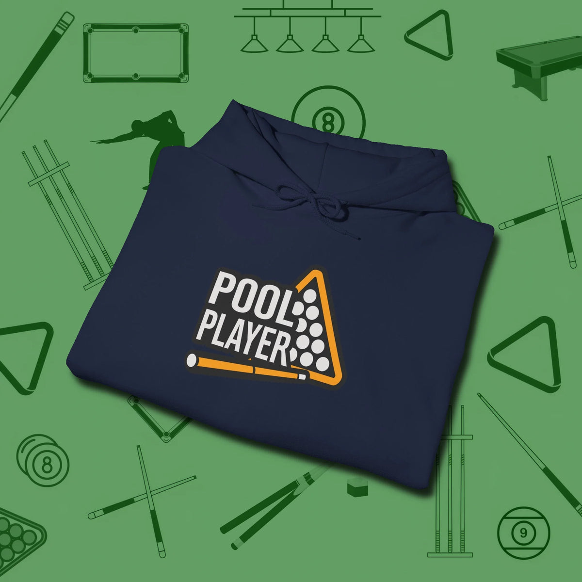 Hoodie, folded view, in Navy perfect for players with quiet fire