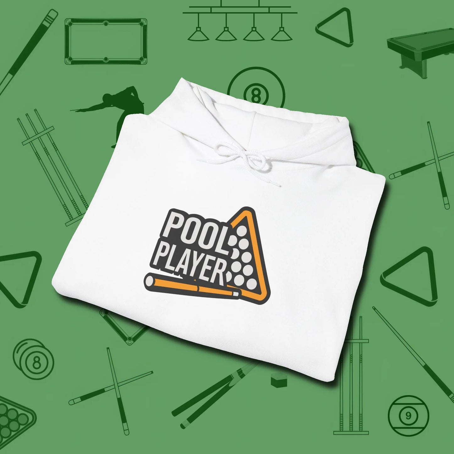 Hoodie, folded view, in White poolroom style with tournament attitude