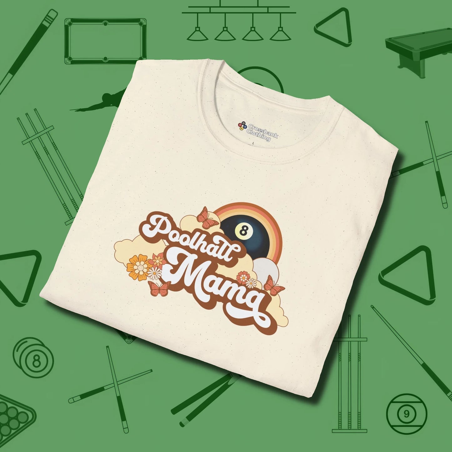 Poolhall Mama T-Shirt, folded view, in Natural look good while calling your pocket