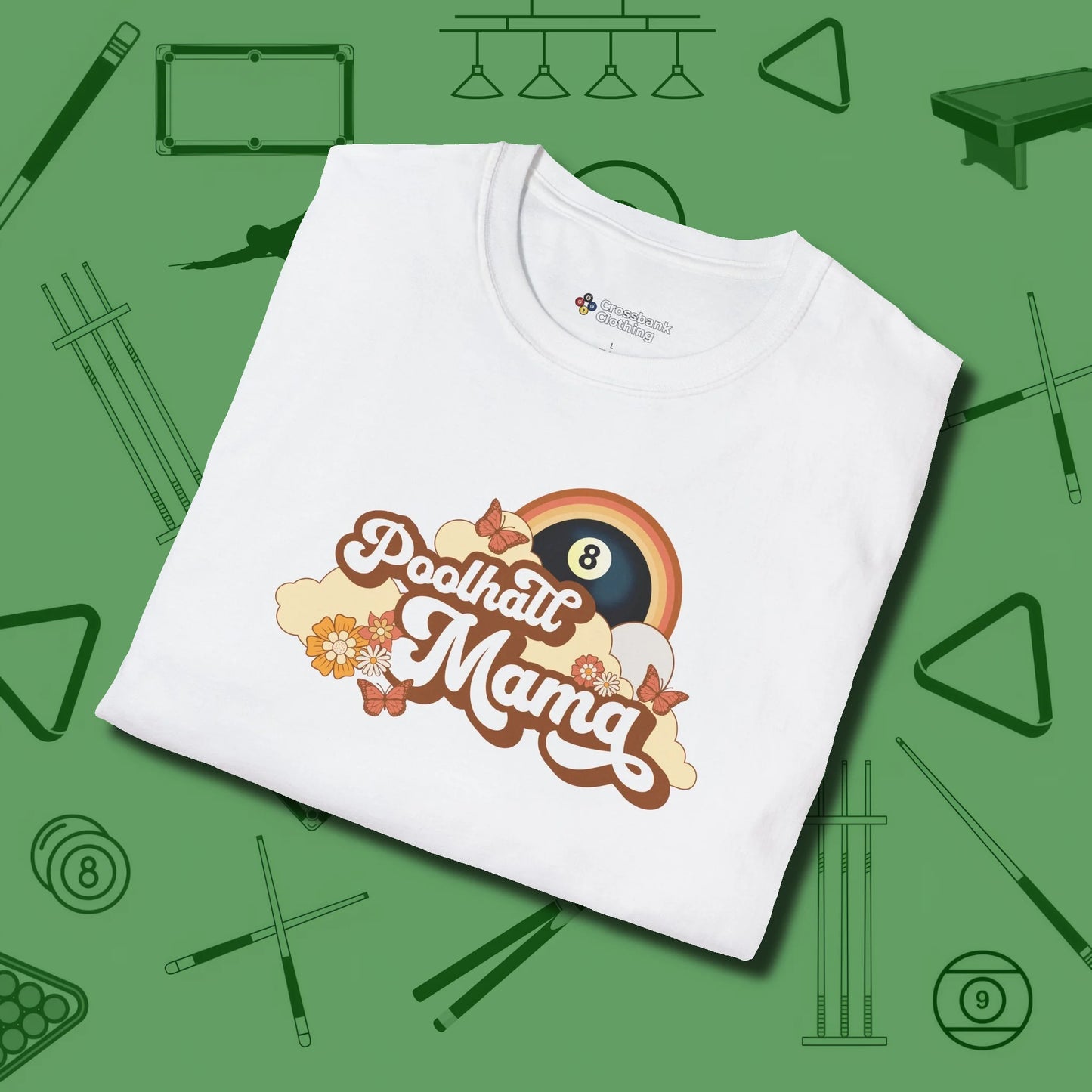 Poolhall Mama T-Shirt, folded view, in White for players who live the game