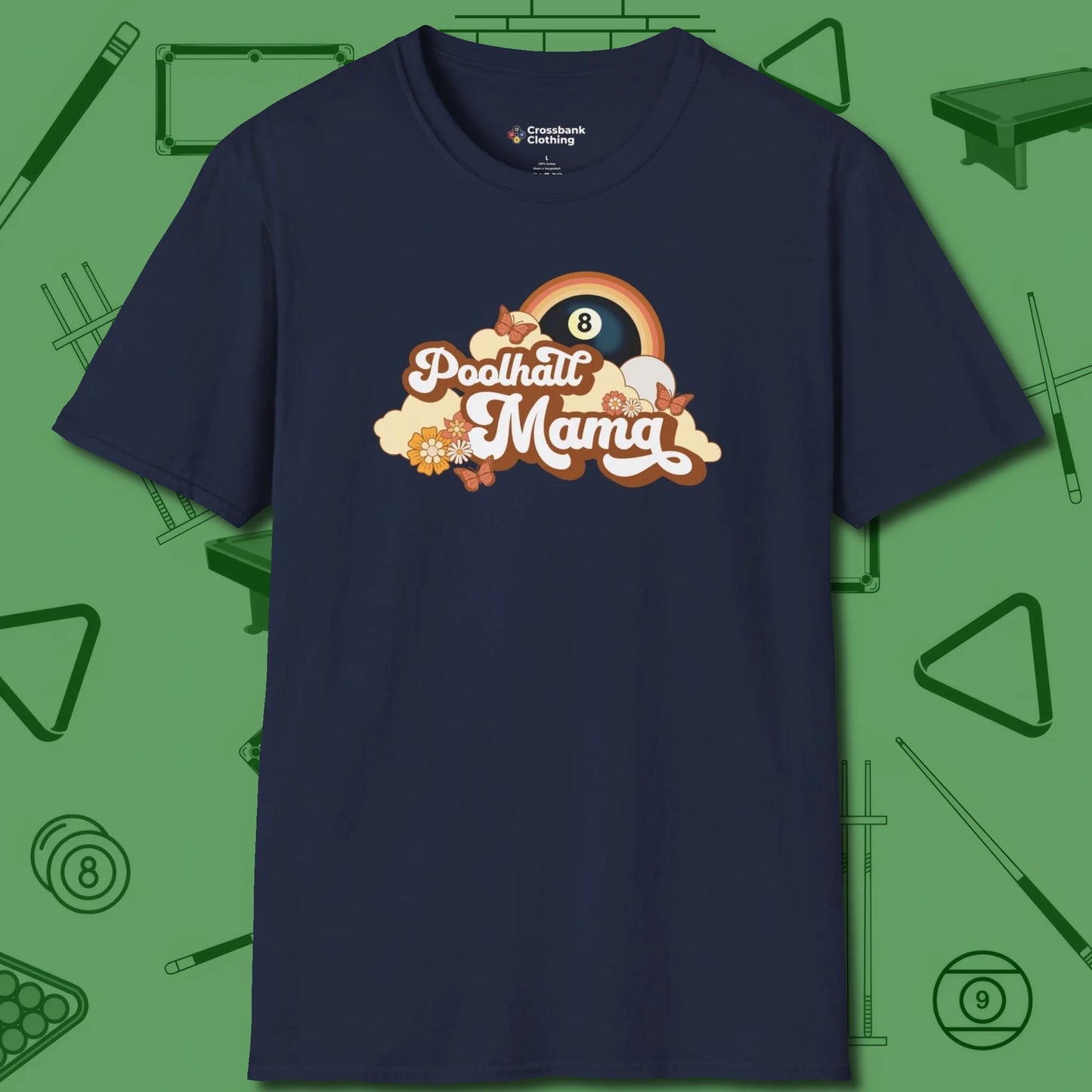 Poolhall Mama T-Shirt, front view, in Navy perfect for players with quiet fire