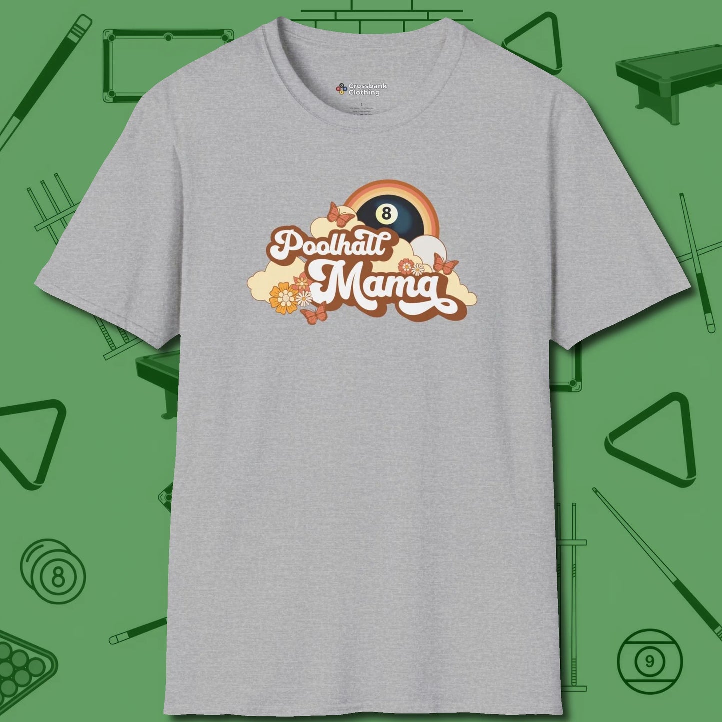Poolhall Mama T-Shirt, front view, in Sport Grey perfect for players with quiet fire