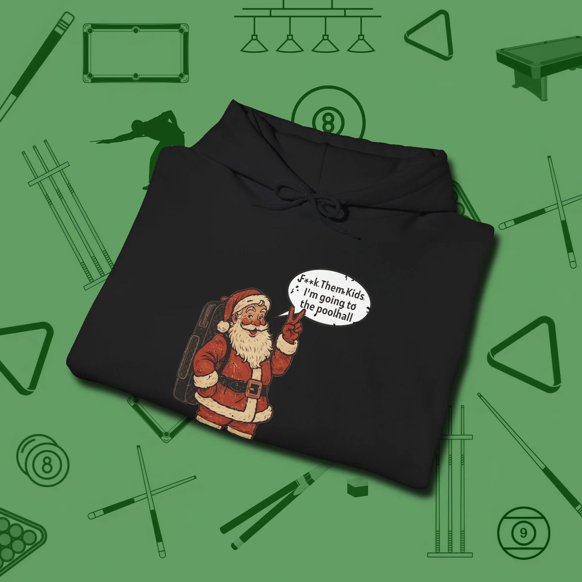Poolhall Santa Hoodie, folded view, in Black because pool isn’t just a game — it’s who you are