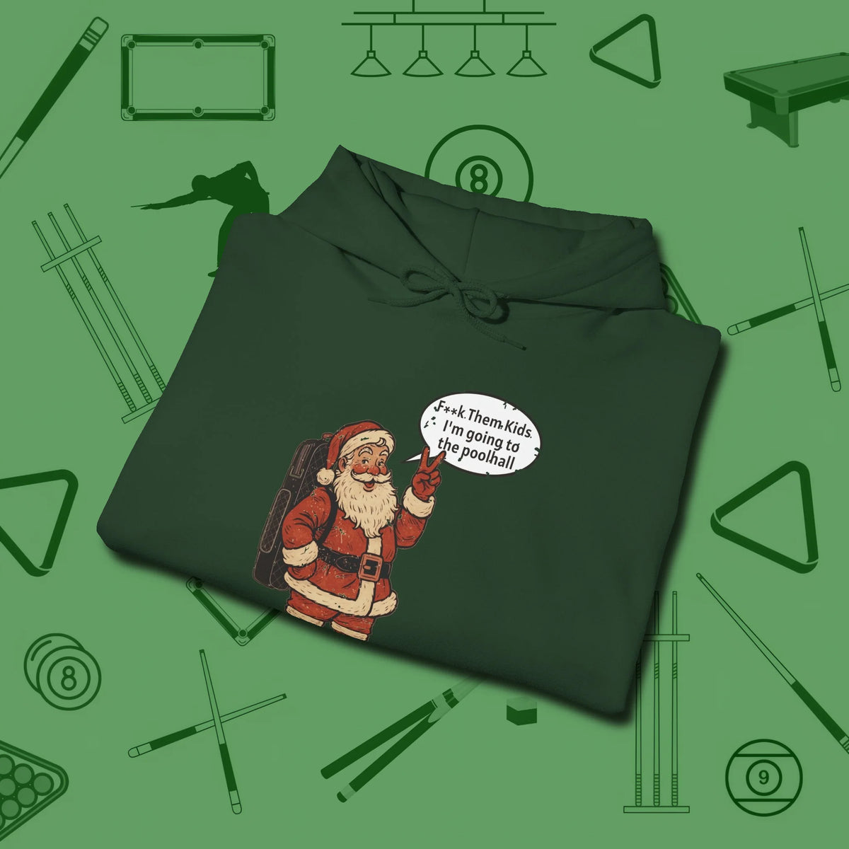 Poolhall Santa Hoodie, folded view, in Forest Green put your best game on display