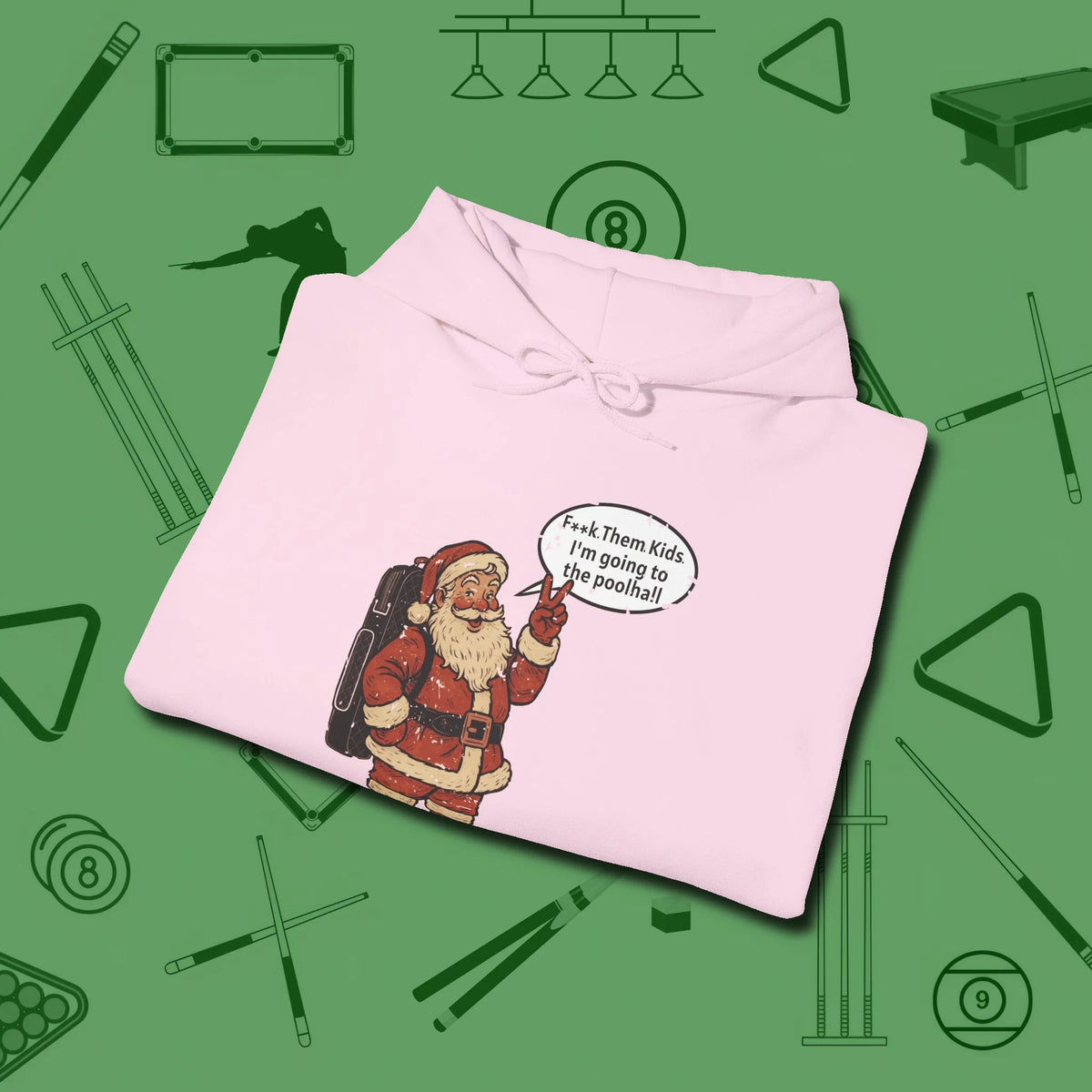 Poolhall Santa Hoodie, folded view, in Light Pink ideal for clean hits and clean fits
