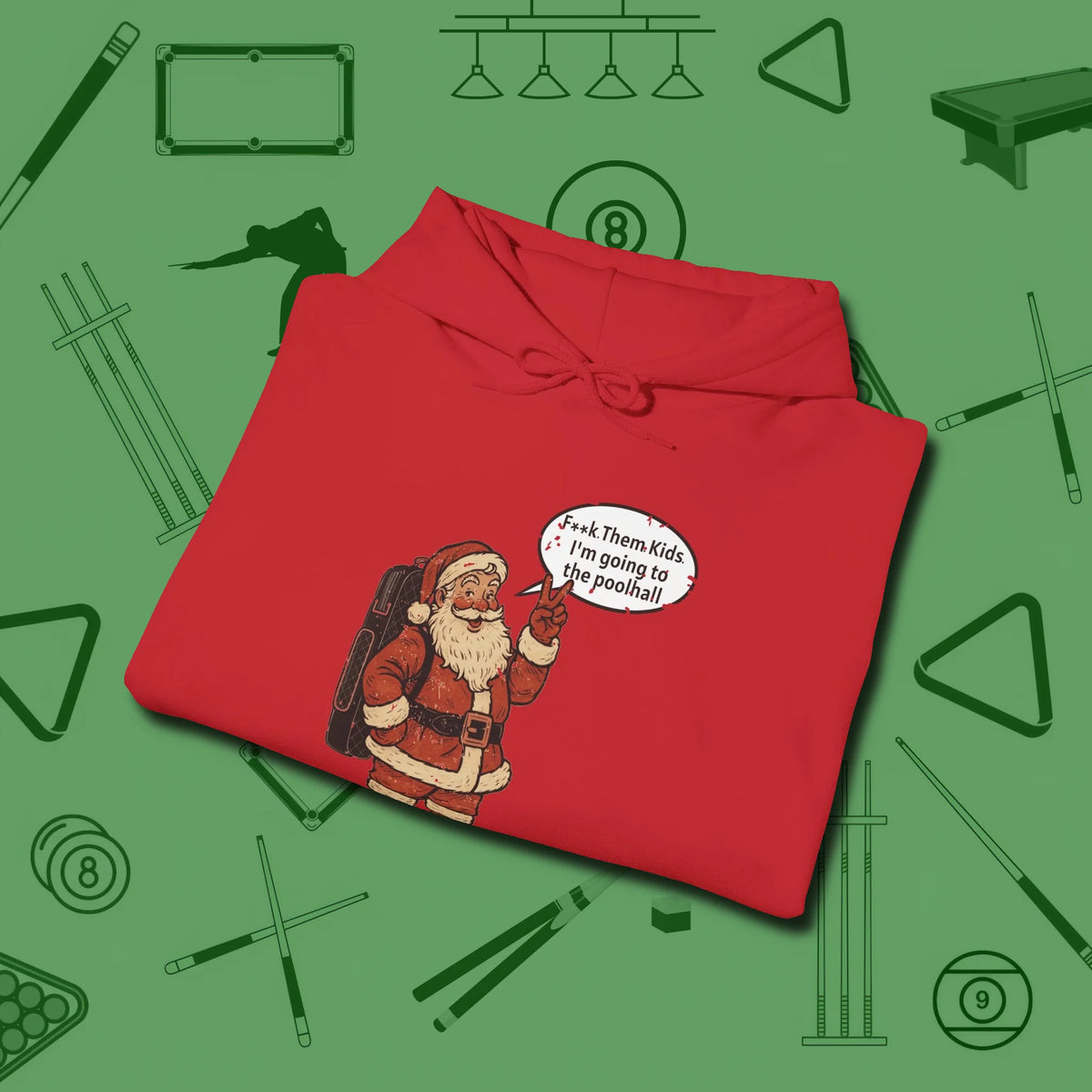 Poolhall Santa Hoodie, folded view, in Red a clean fit for the dirtiest safeties
