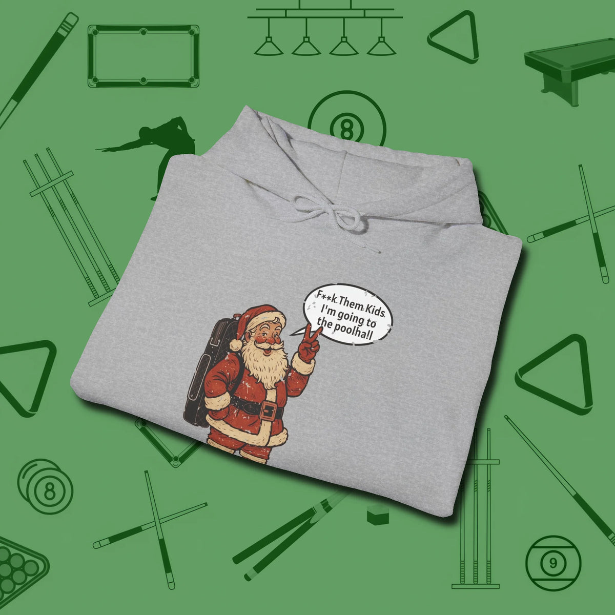 Poolhall Santa Hoodie, folded view, in Sport Grey clean lines for dirty minds