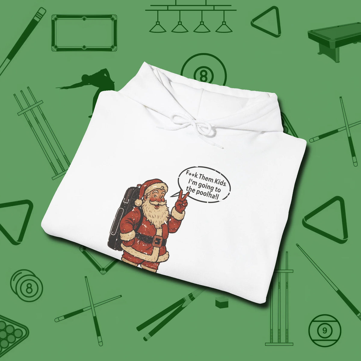 Poolhall Santa Hoodie, folded view, in White perfect for players with quiet fire