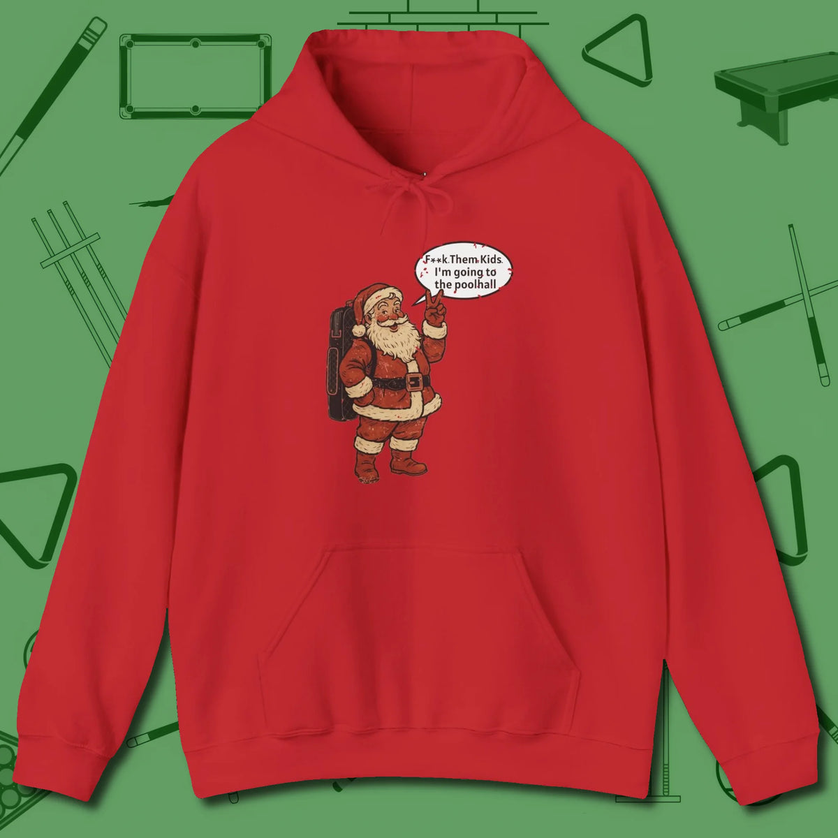 Poolhall Santa Hoodie, front view, in Red where cue control meets personal style