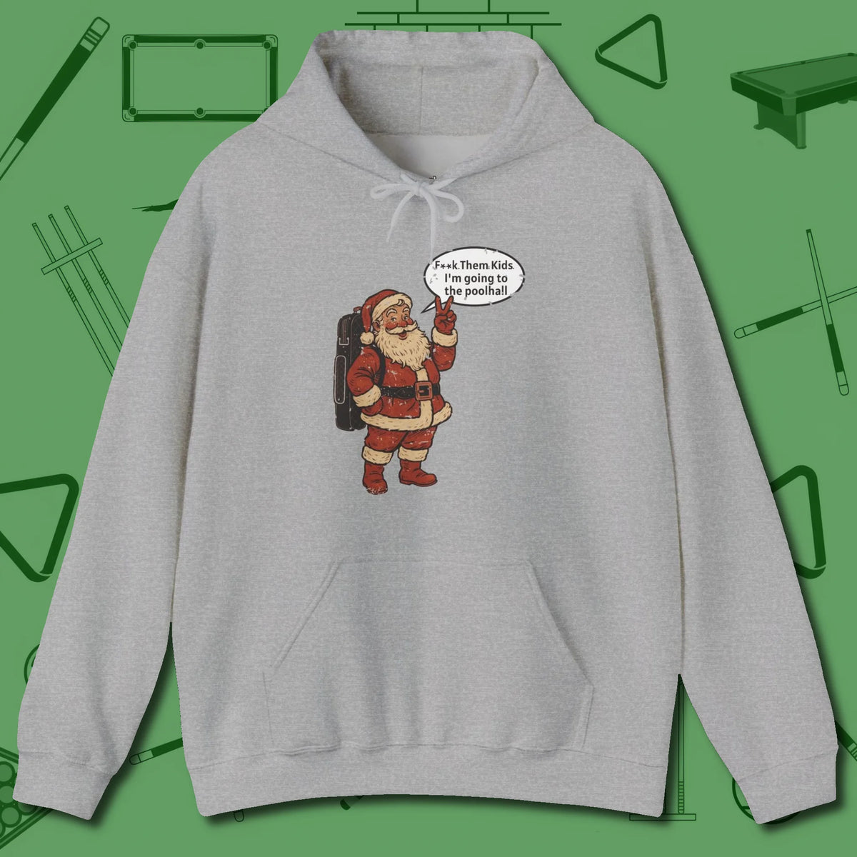 Poolhall Santa Hoodie, front view, in Sport Grey where cue control meets personal style