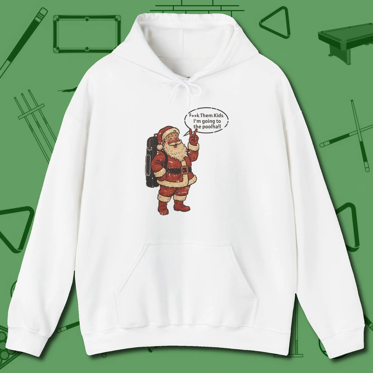 Poolhall Santa Hoodie, front view, in White because pool isn’t just a game — it’s who you are