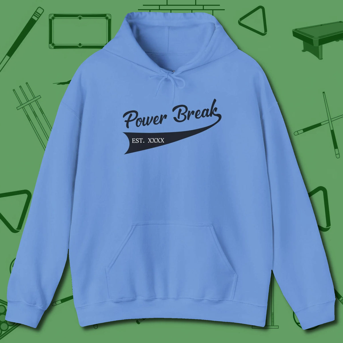 Power Break Customizable Year Hoodie, front view, in Carolina Blue clean lines for dirty minds