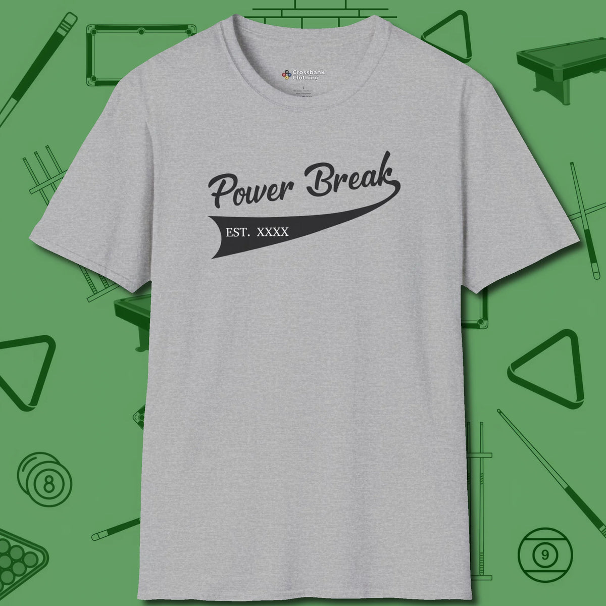 Power Break Customizable Year T-Shirt, front view, in Sport Grey designed for dead stroke and deadpan looks