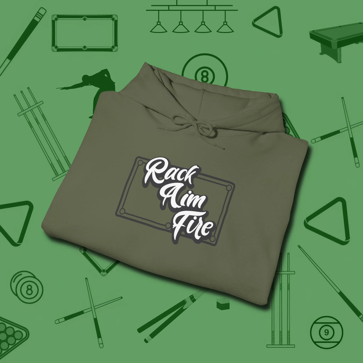 Rack Aim Fire Billiards Hoodie, folded view, in Military Green subtle drip for serious shooters