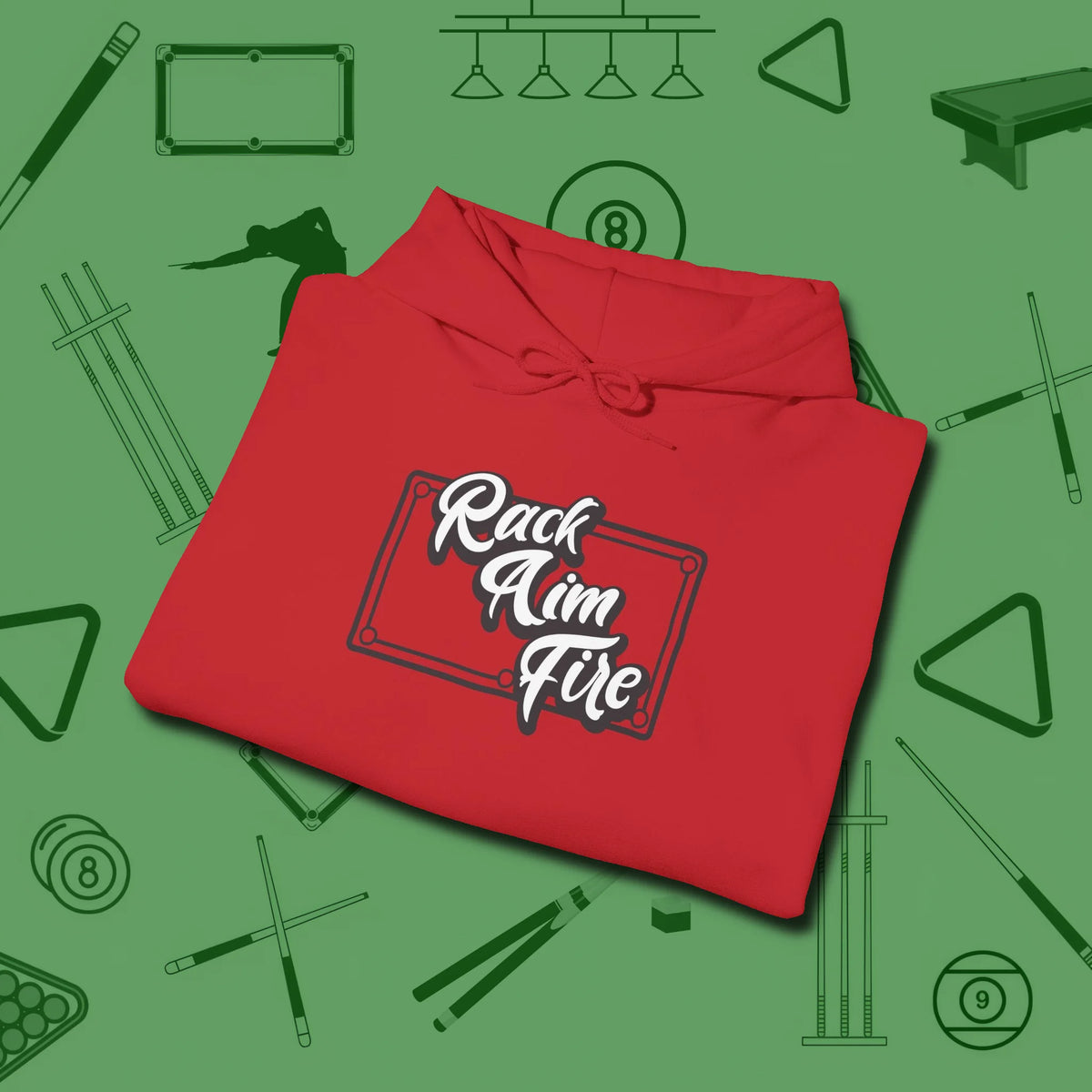 Rack Aim Fire Billiards Hoodie, folded view, in Red where style and cue discipline collide