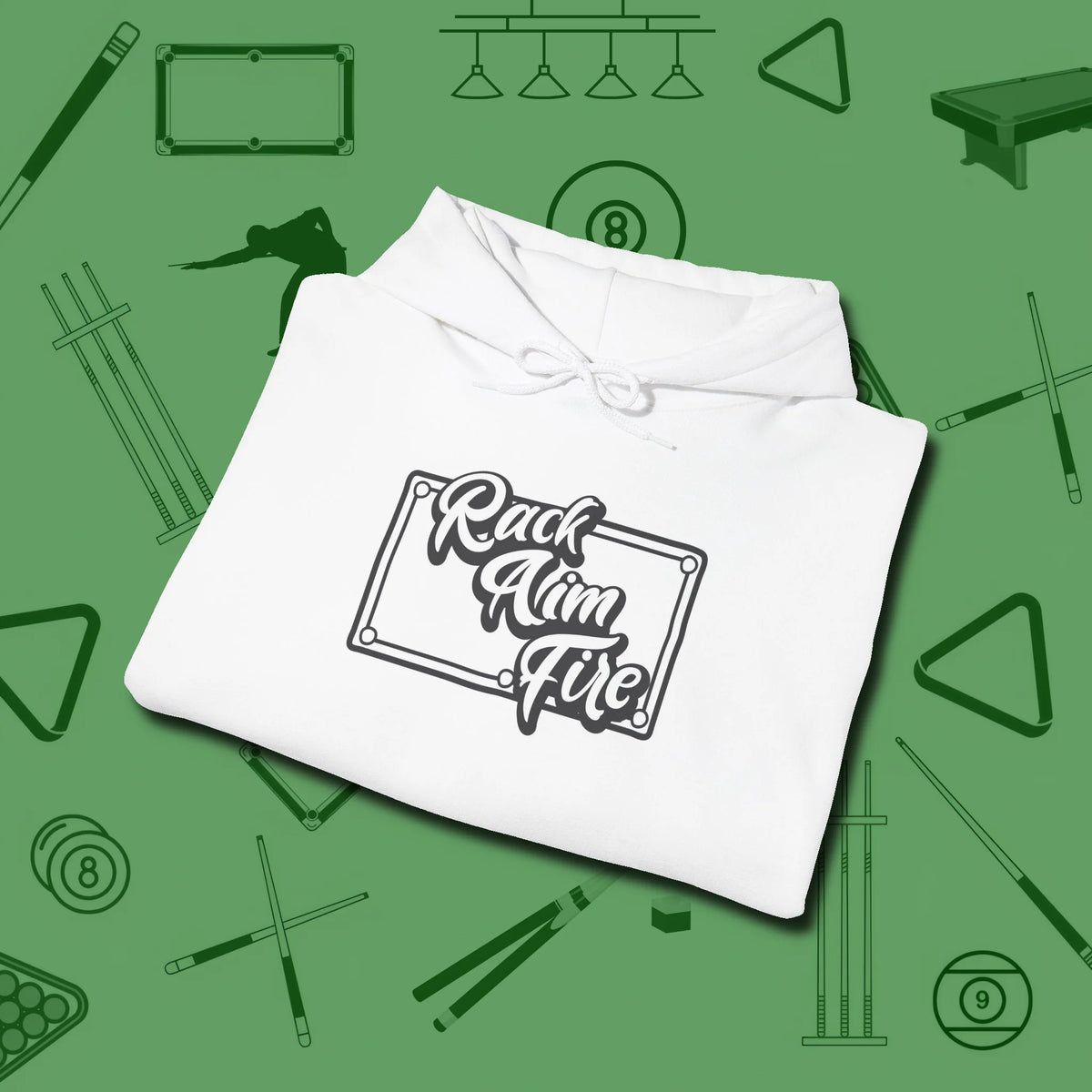 Rack Aim Fire Billiards Hoodie, folded view, in White attitude built for the long haul