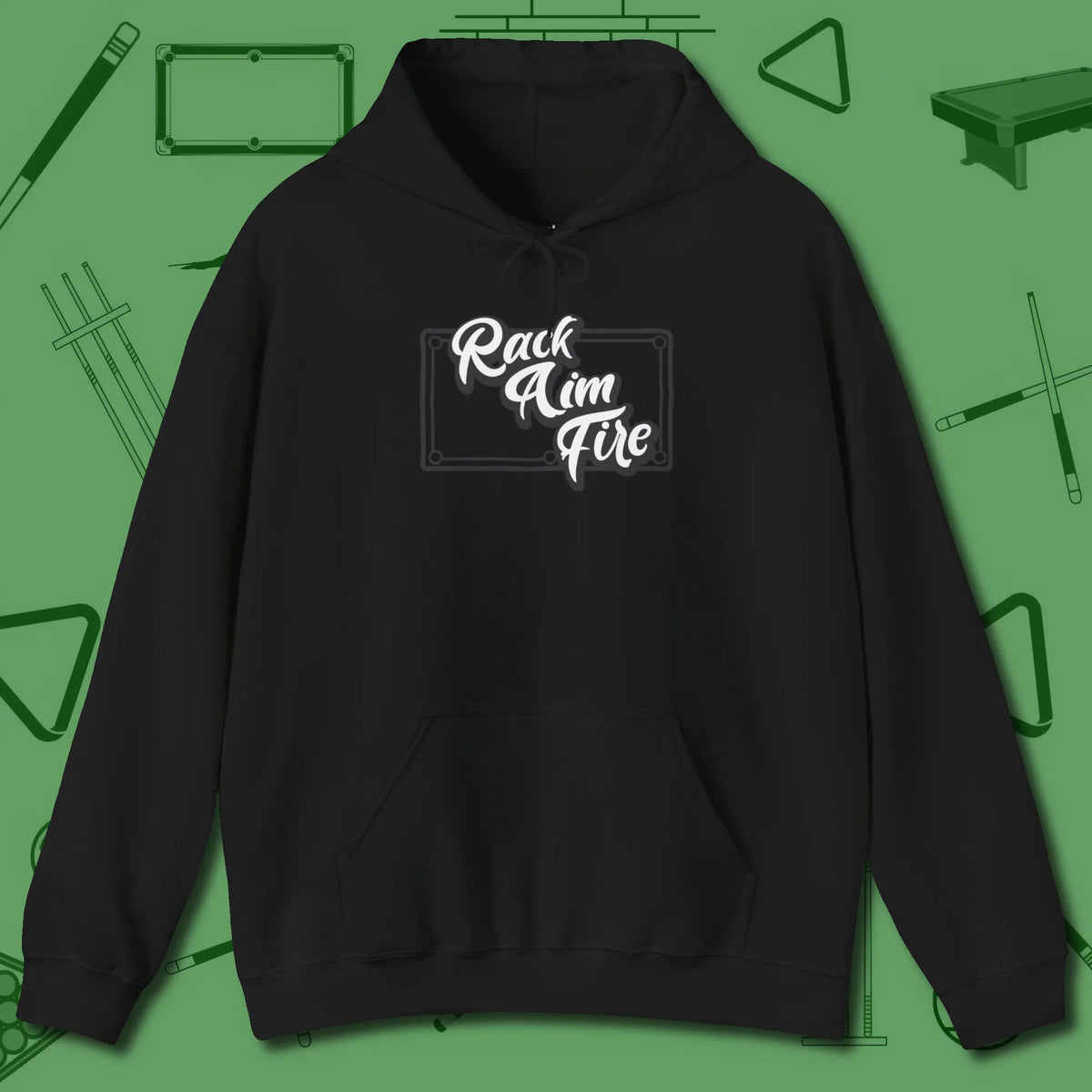 Rack Aim Fire Billiards Hoodie, front view, in Black the official uniform of the after-hours crew