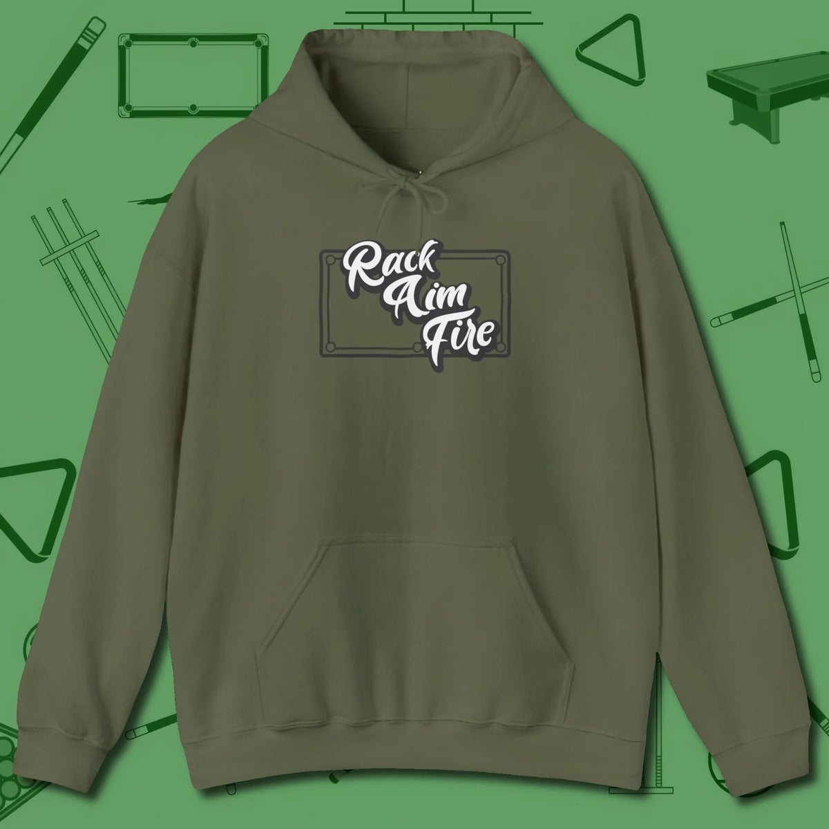 Rack Aim Fire Billiards Hoodie, front view, in Military Green for players who live the game
