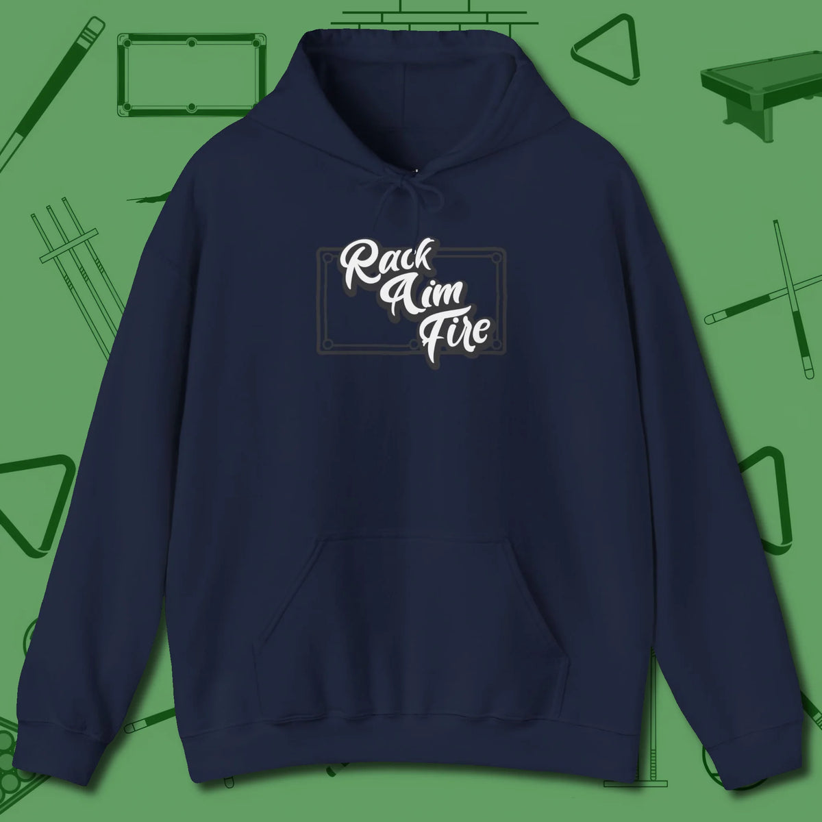 Rack Aim Fire Billiards Hoodie, front view, in Navy cool enough for a corner pocket finish