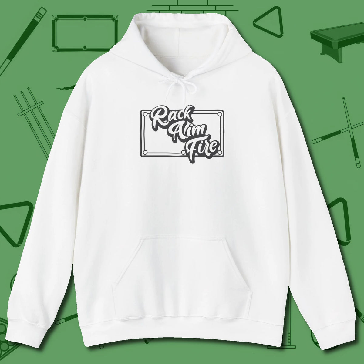 Rack Aim Fire Billiards Hoodie, front view, in White because you don’t just play — you represent