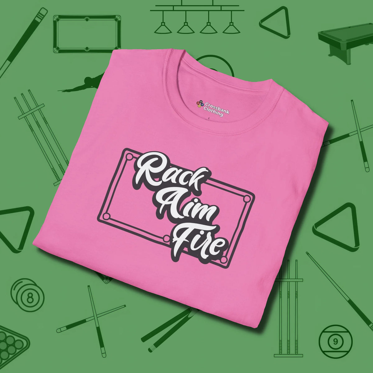 Rack Aim Fire Billiards T-Shirt, folded view, in Azalea strike fear with swagger and precision