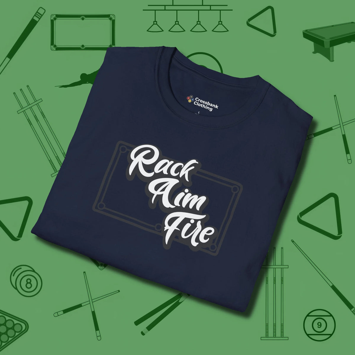 Rack Aim Fire Billiards T-Shirt, folded view, in Navy the shirt that plays position