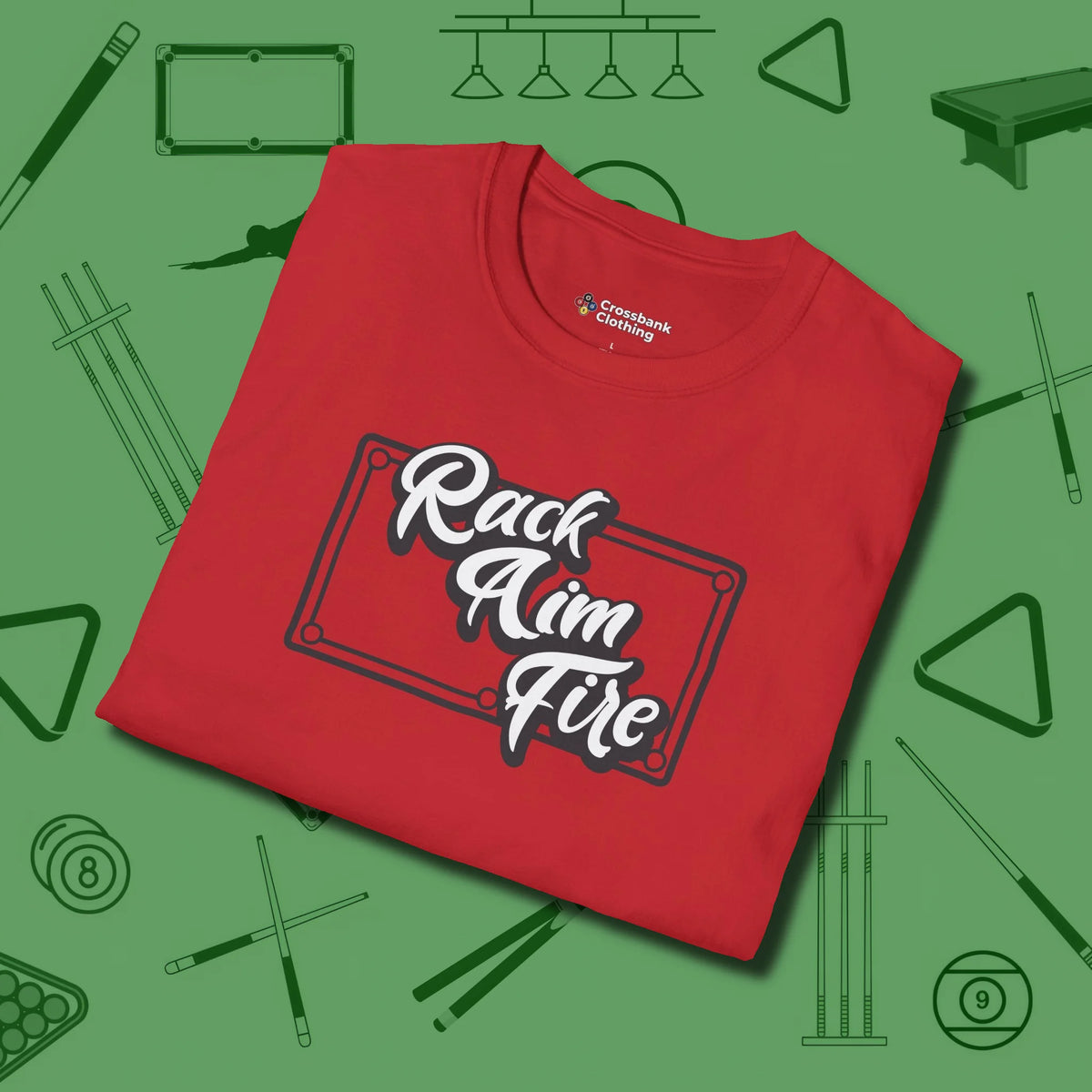 Rack Aim Fire Billiards T-Shirt, folded view, in Red the shirt that plays position