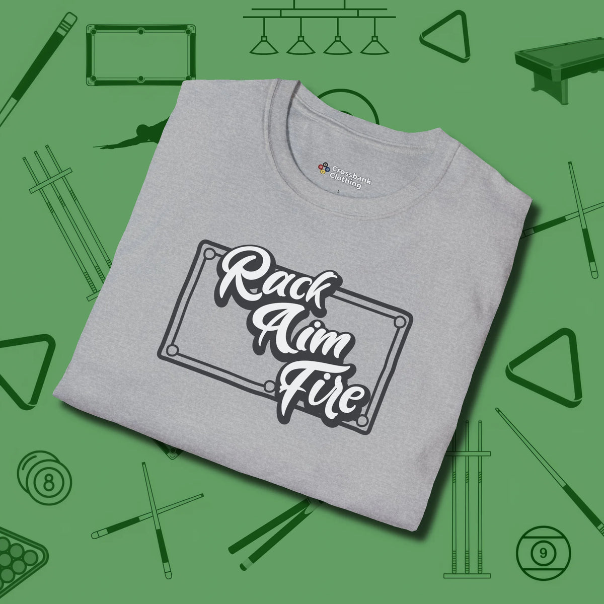 Rack Aim Fire Billiards T-Shirt, folded view, in Sport Grey what the real shooters wear
