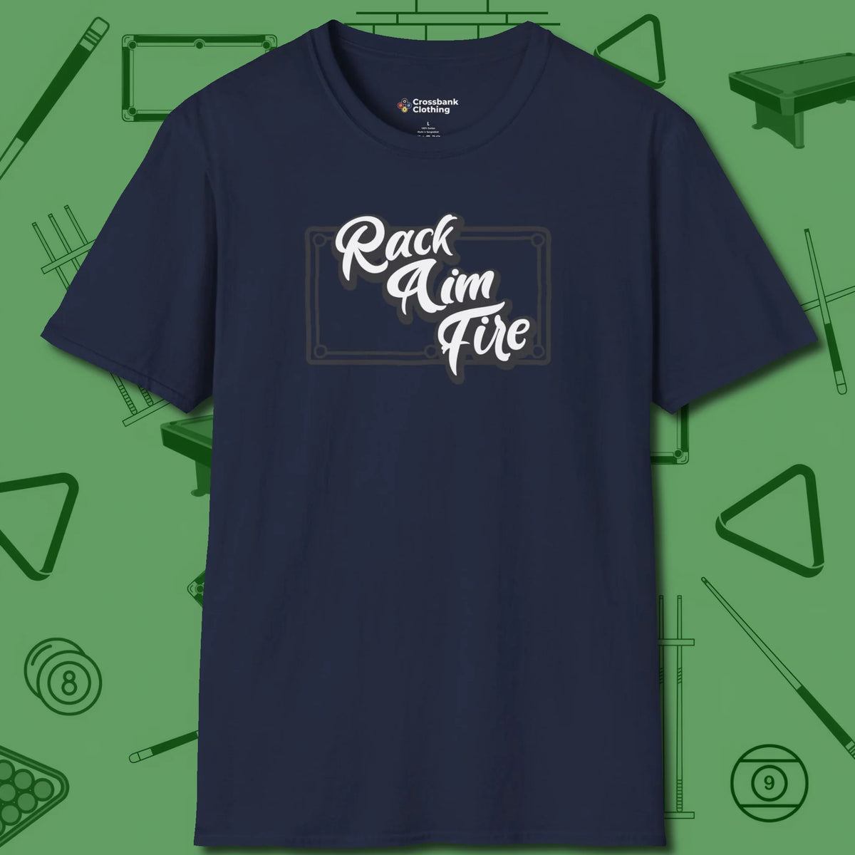 Rack Aim Fire Billiards T-Shirt, front view, in Navy from chalk to clutch, look the part