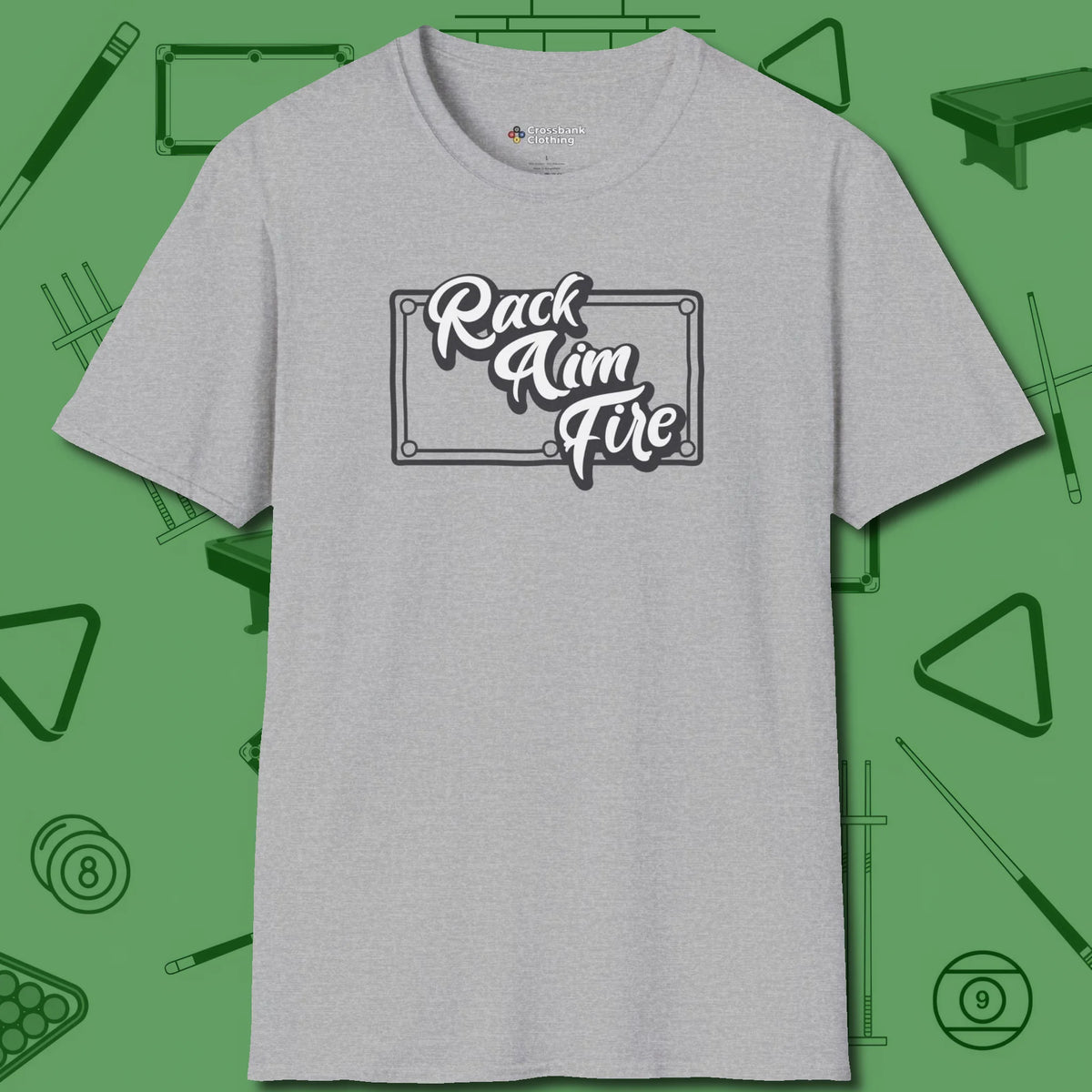 Rack Aim Fire Billiards T-Shirt, front view, in Sport Grey cool enough for a corner pocket finish