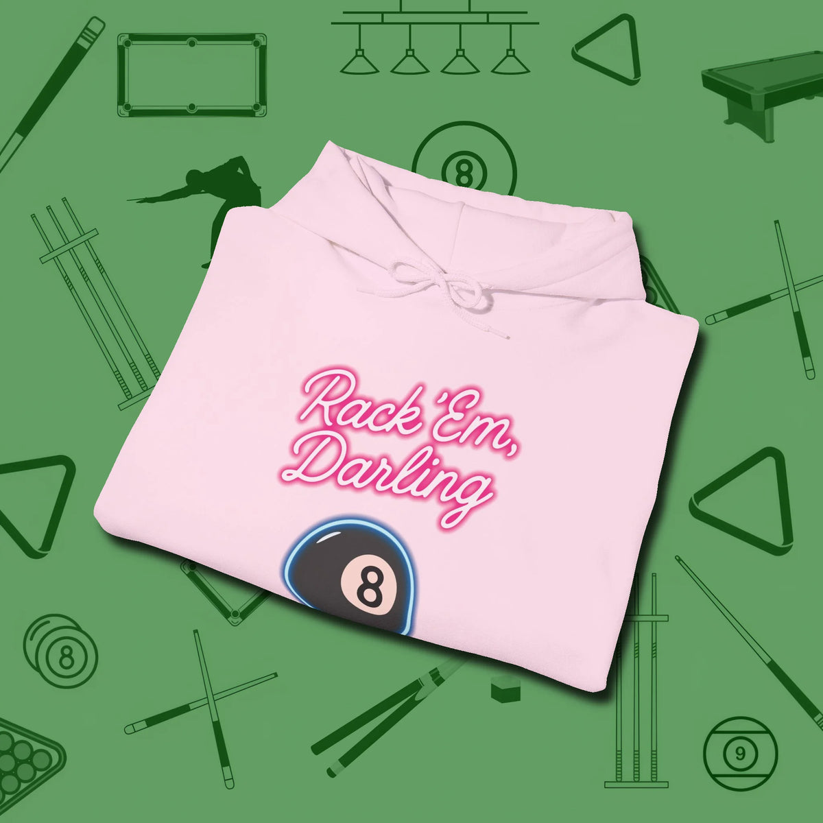 Rack ’Em Darling Hoodie, folded view, in Light Pink designed for dead stroke and deadpan looks