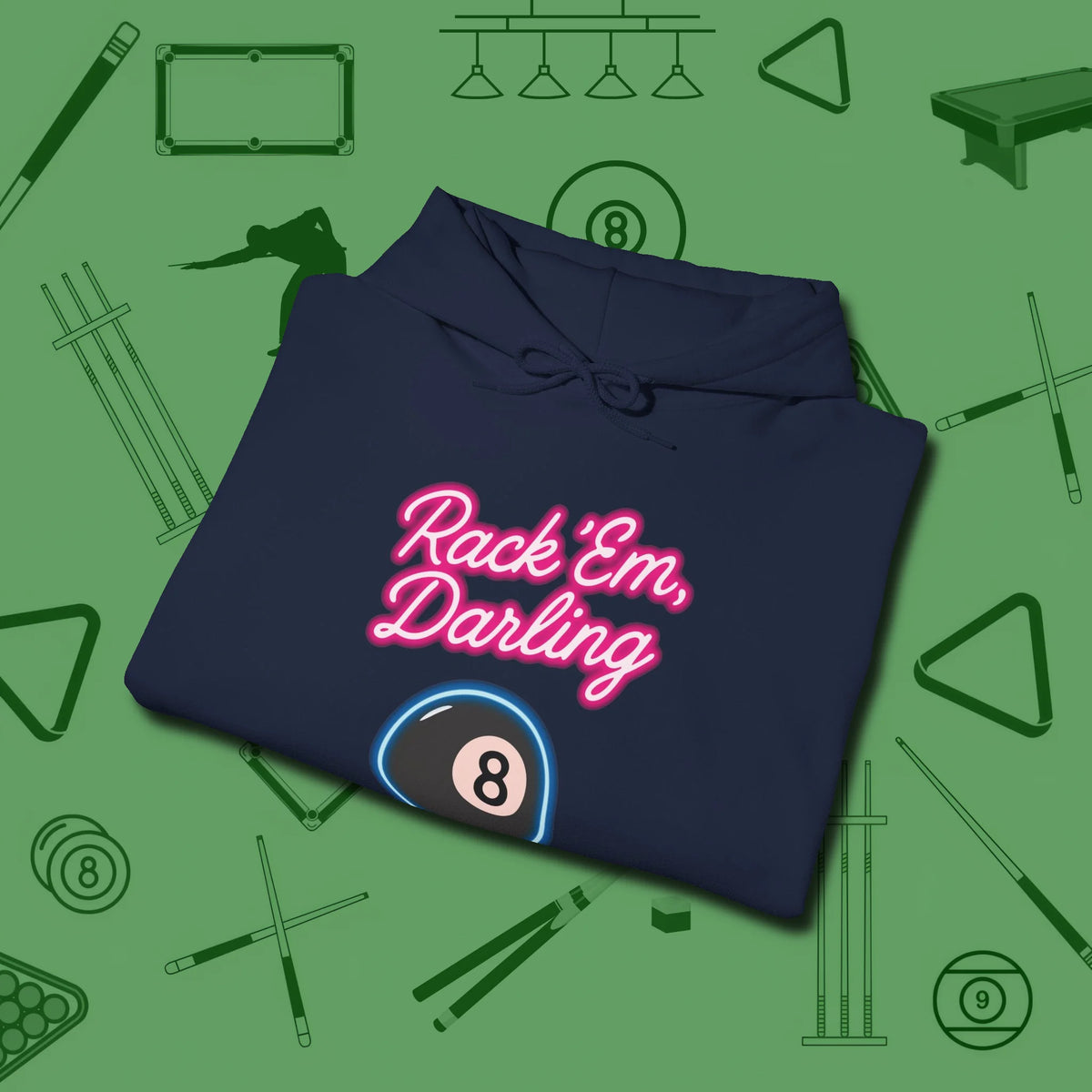 Rack ’Em Darling Hoodie, folded view, in Navy cool enough for a corner pocket finish