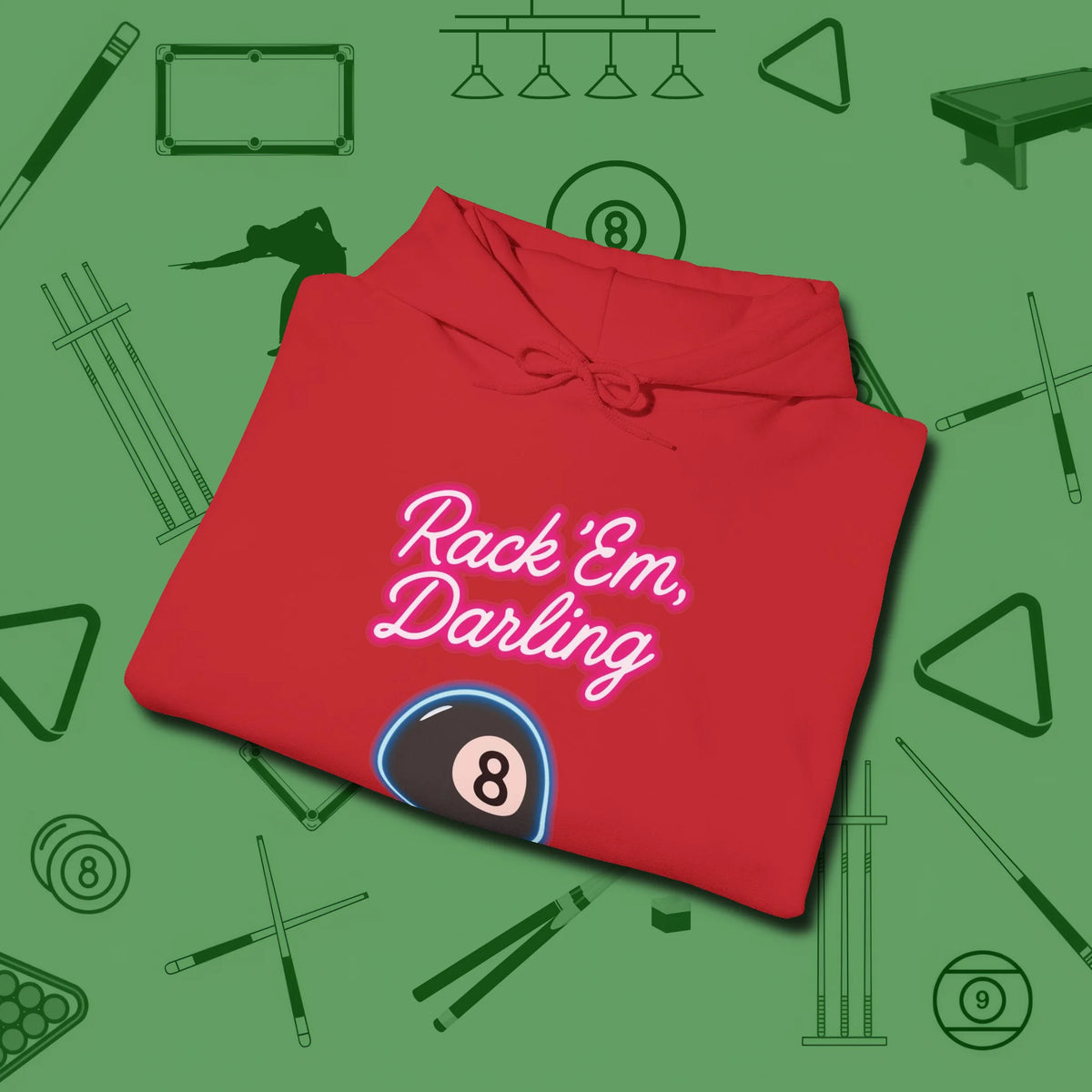 Rack ’Em Darling Hoodie, folded view, in Red as serious as your stroke