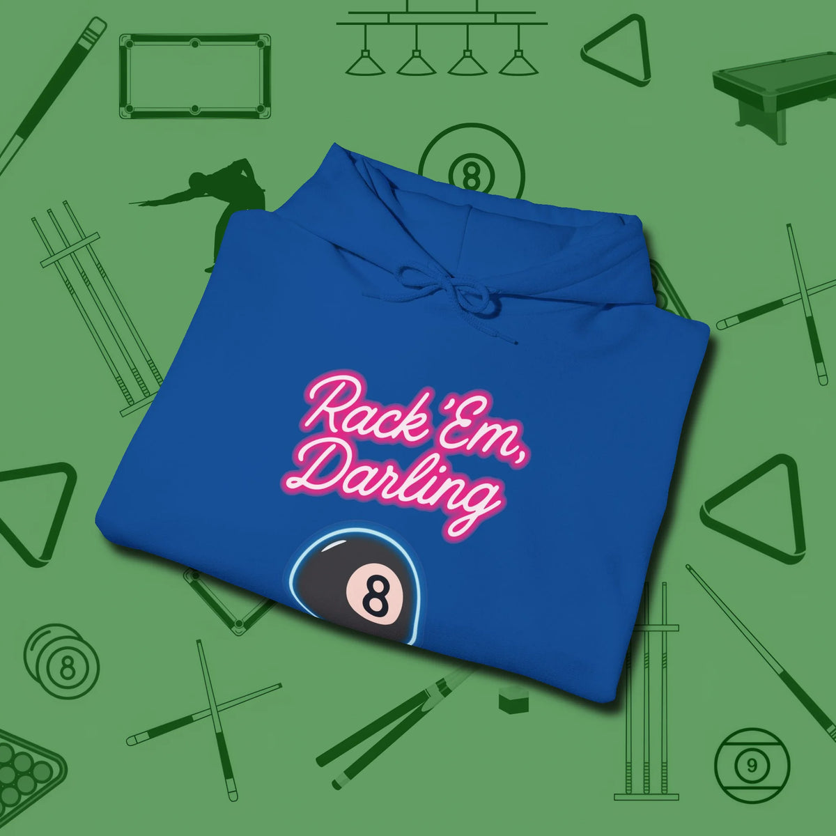 Rack ’Em Darling Hoodie, folded view, in Royal an extension of your pool persona