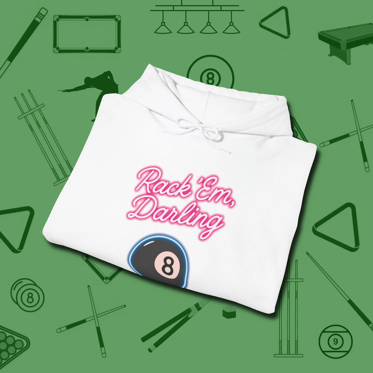 Rack ’Em Darling Hoodie, folded view, in White precise, confident, always in control