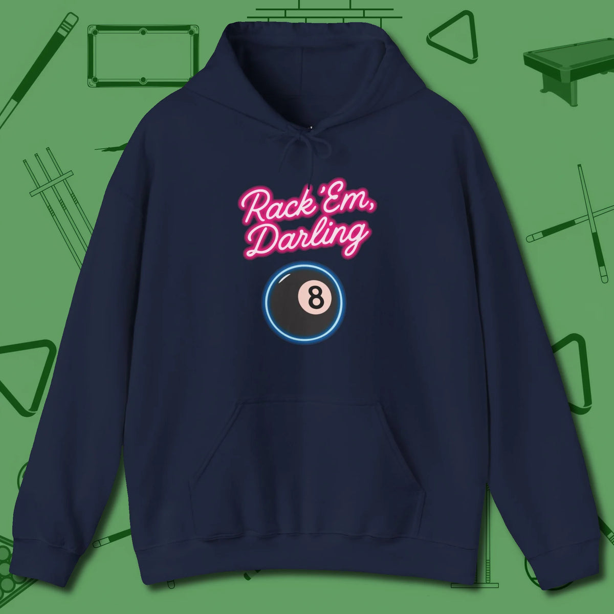 Rack ’Em Darling Hoodie, front view, in Navy strike fear with swagger and precision